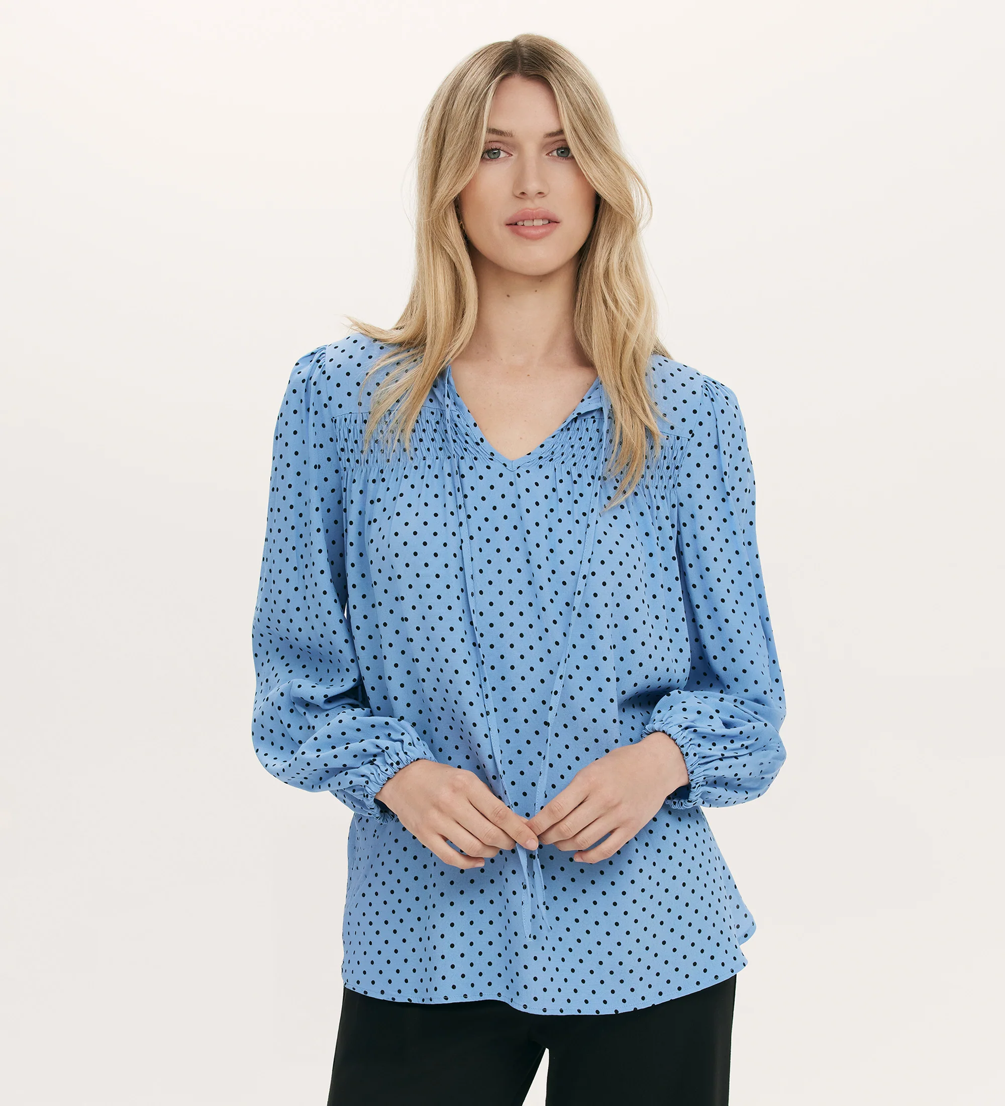 Kiya Blue Polka Dot Tie Neck Blouse - Image 4