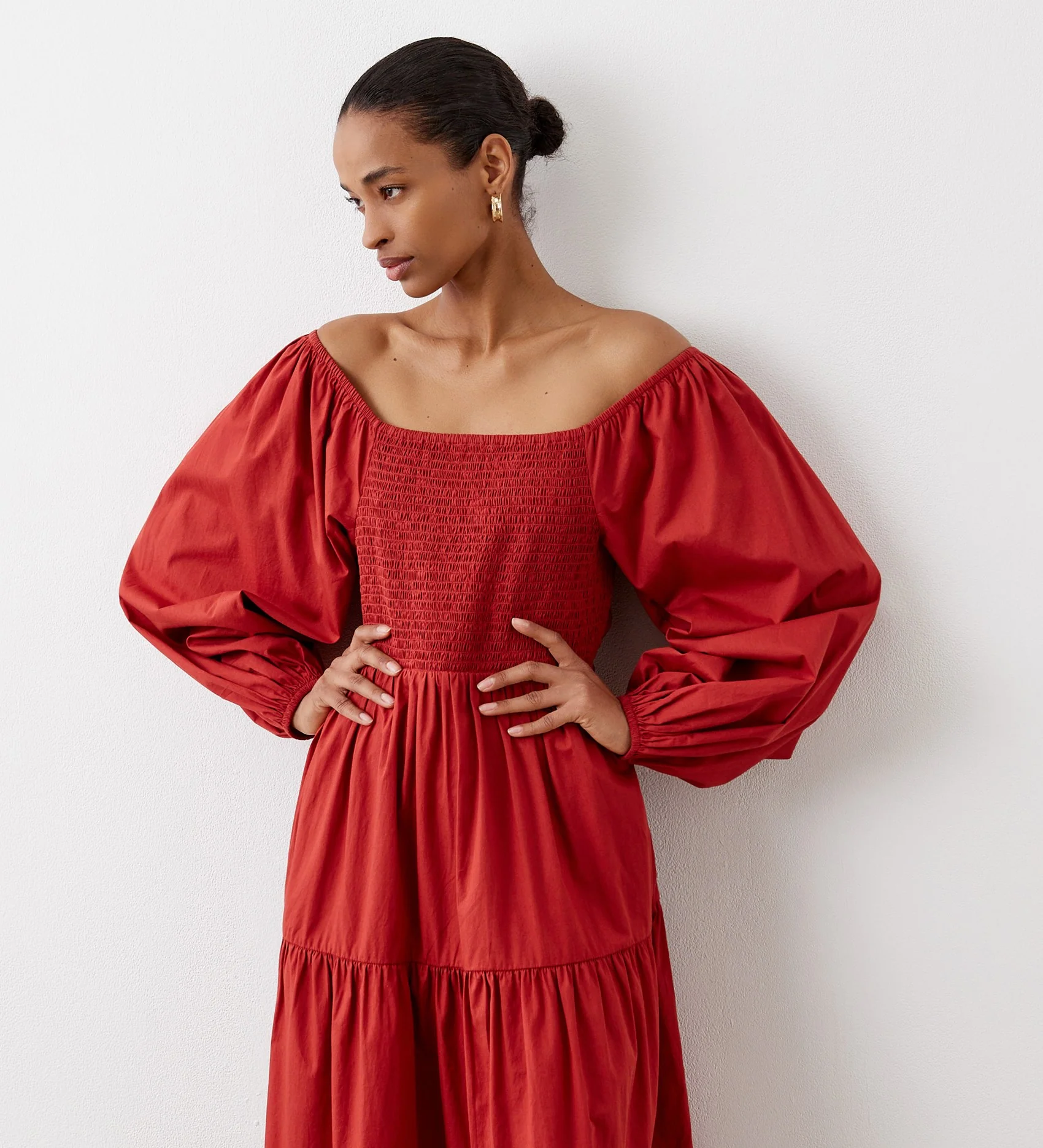 Lauretta Red Tiered Cotton Midi Dress - Image 2