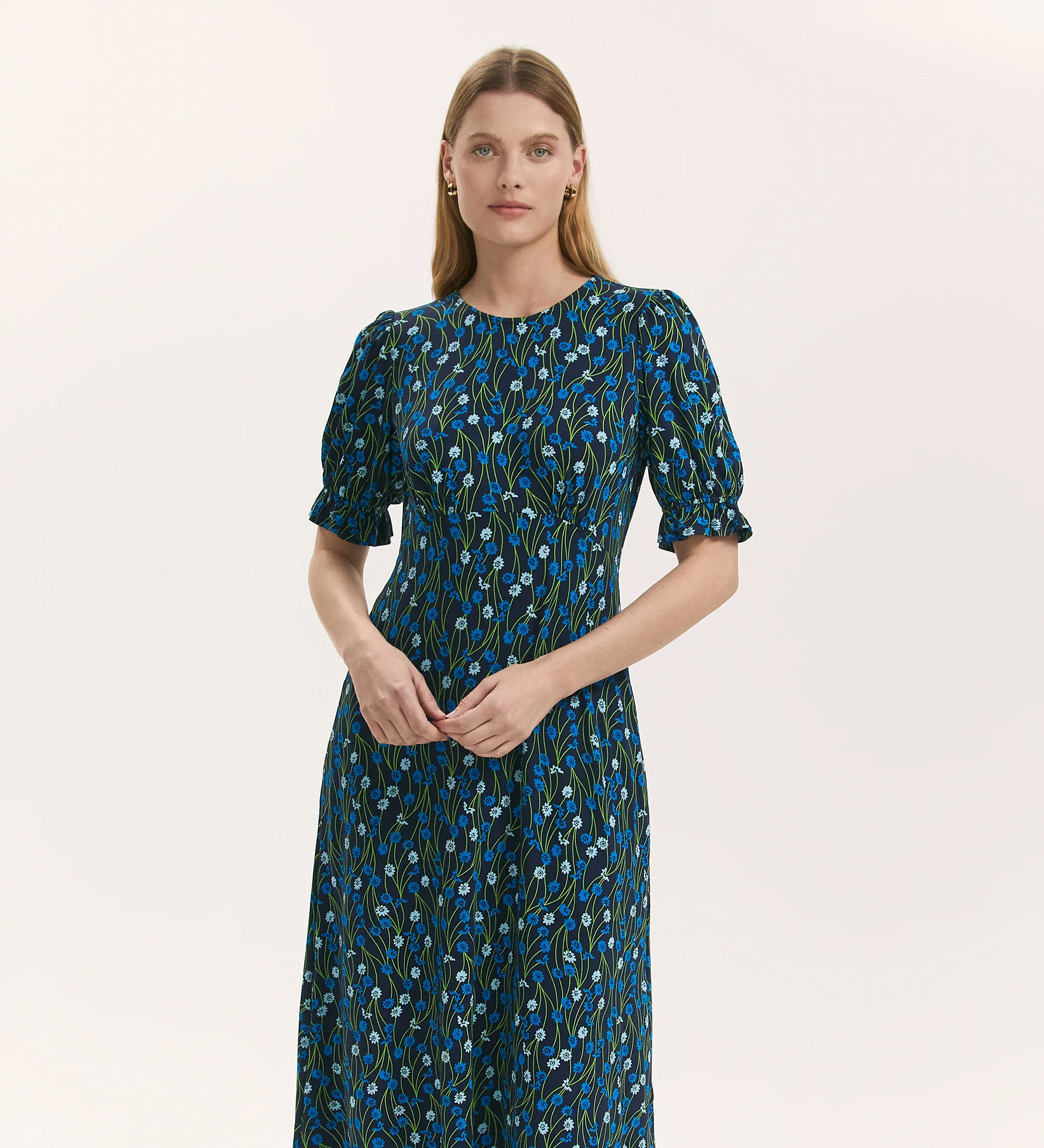 Lenisha Blue Flower Jersey Midi Tea Dress - Image 2