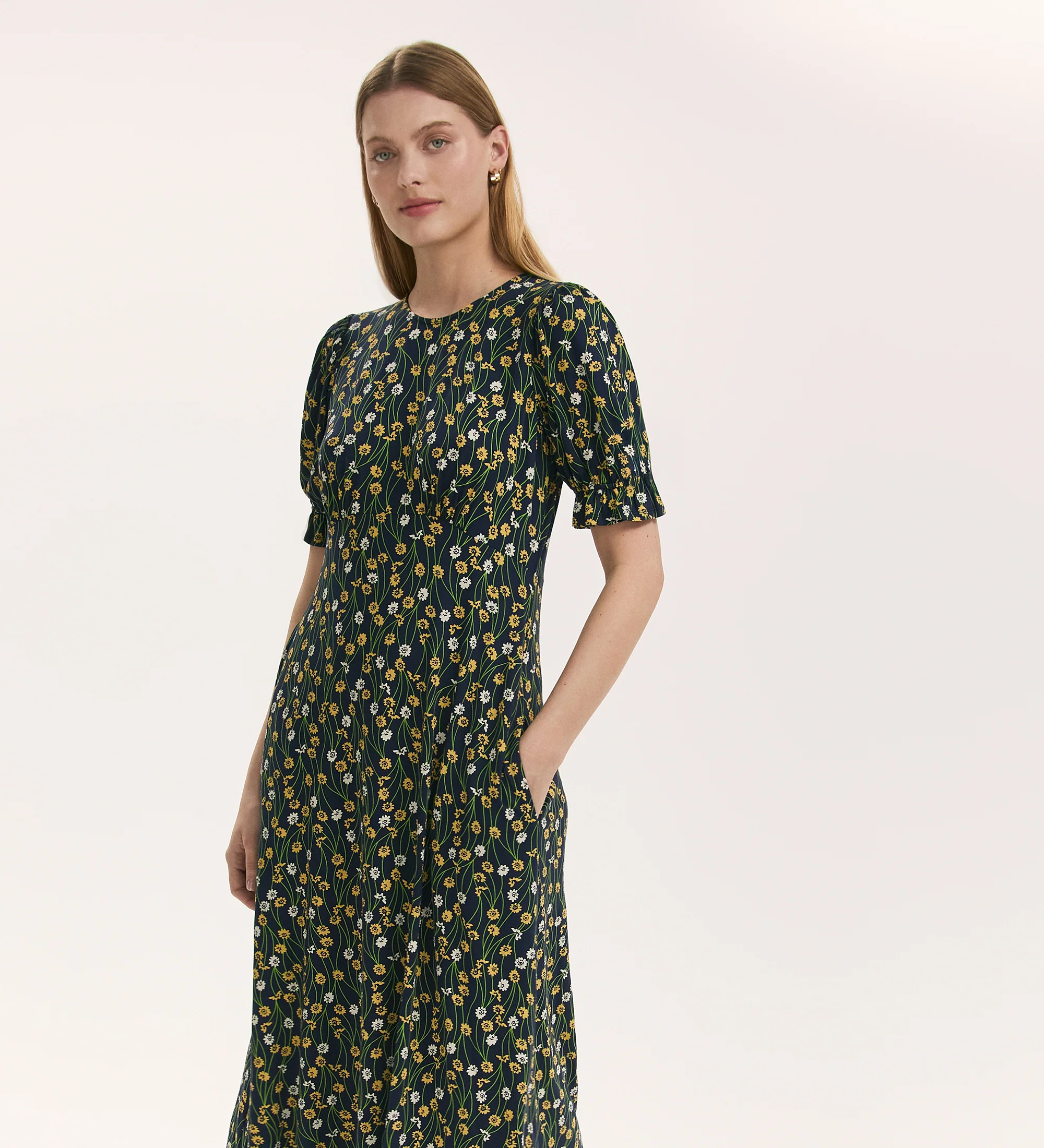 Lenisha Yellow Flower Jersey Midi Tea Dress - Image 3