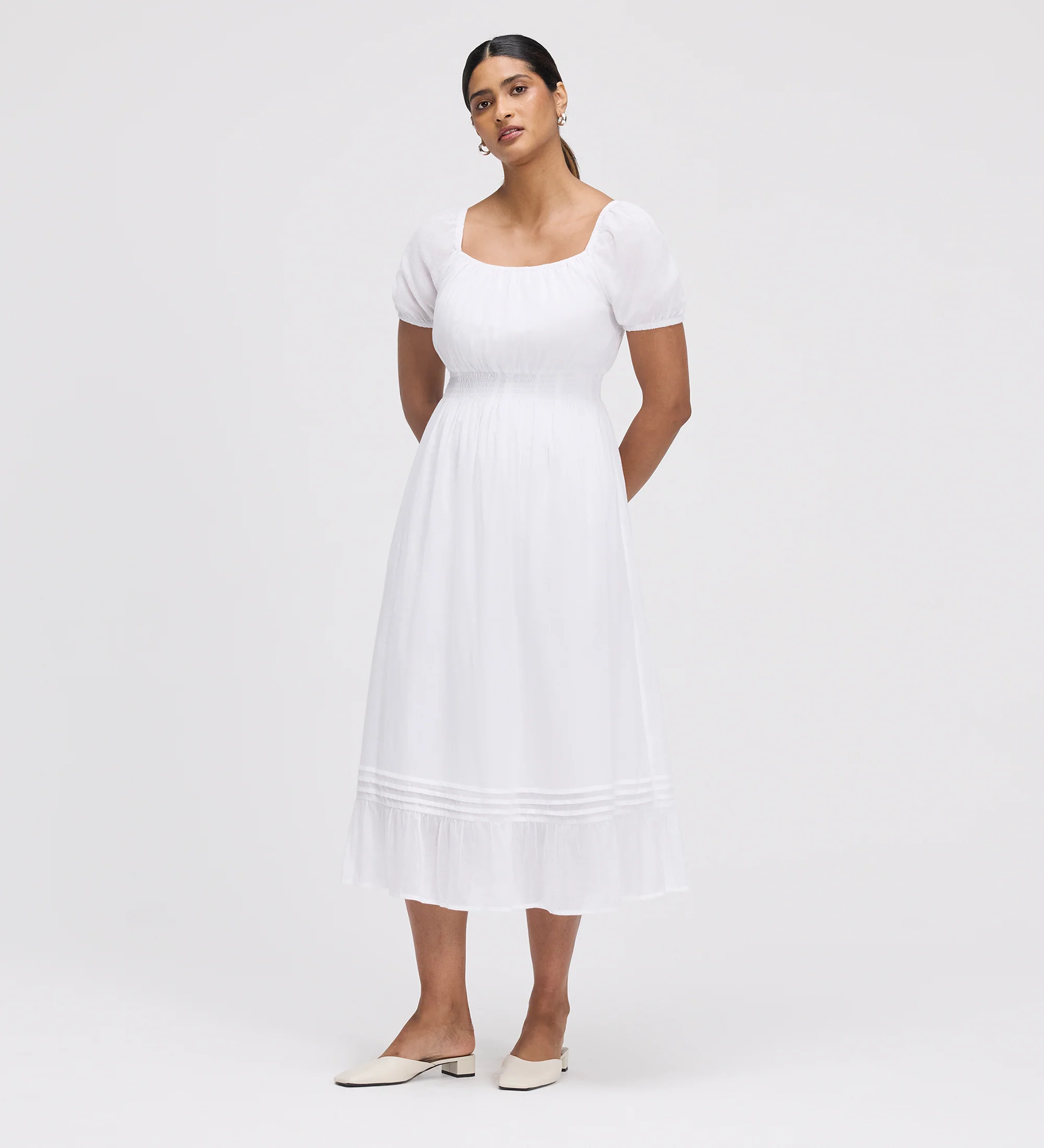 Mandy White Cotton Puff Sleeves Square Neck Midi Dress - Image 2