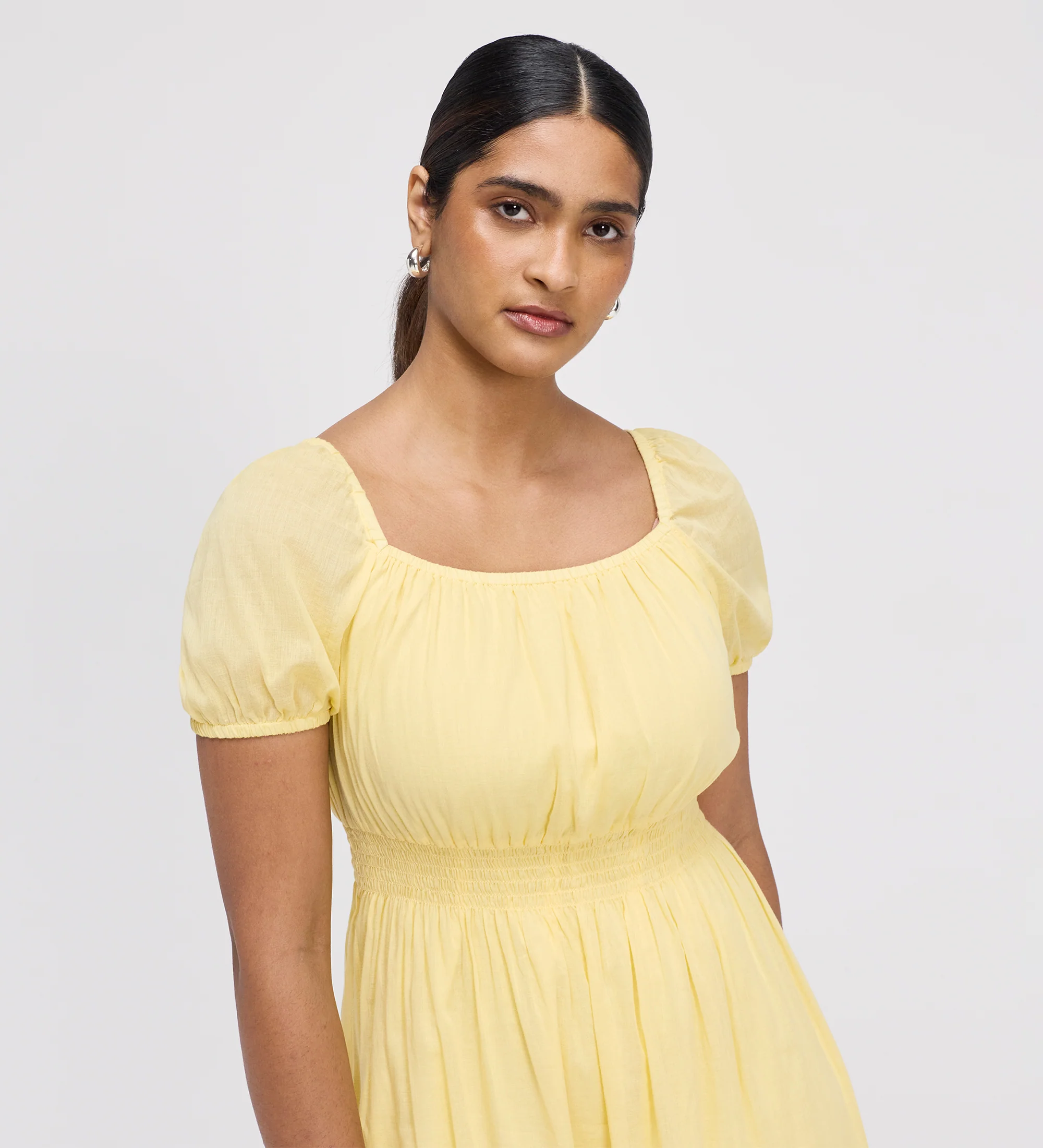 Mandy Yellow Cotton Puff Sleeves Square Neck Midi Dress - Image 2