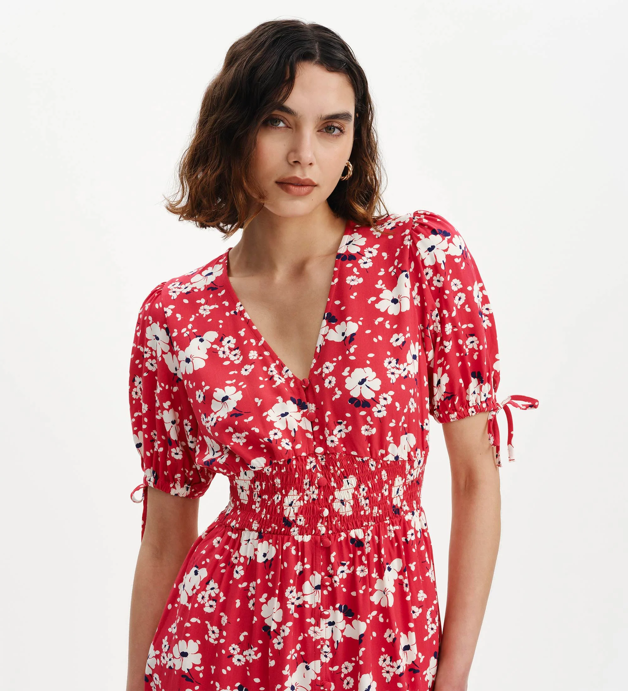 Margot Red Floral Puff Sleeve Button Through Midi Dress - Image 2