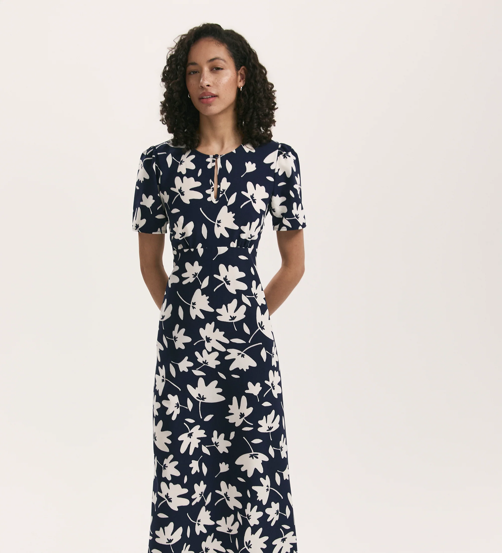 Marie Navy Leaves Crepe Midi Tea Dress - Image 3