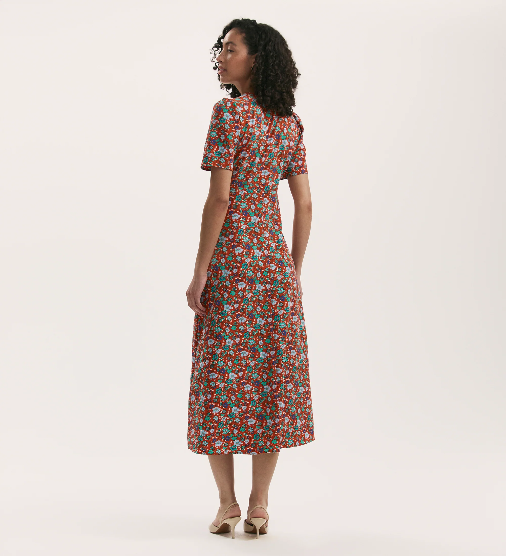 Marie Red Ditsy Crepe Midi Tea Dress - Image 4