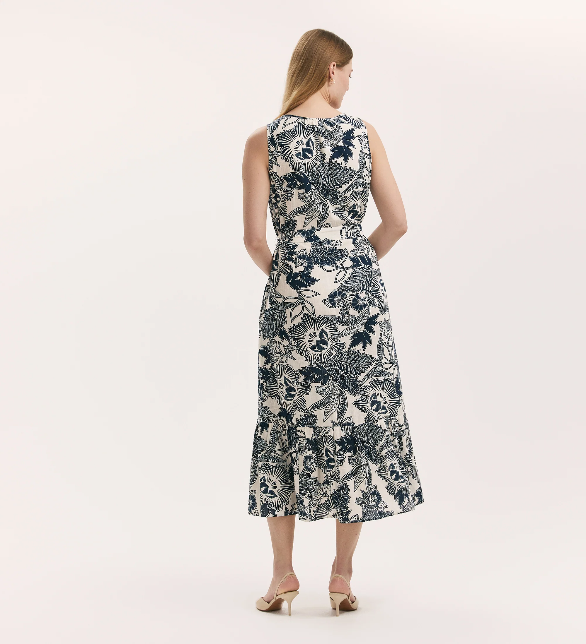 Marta Navy Flower Linen Blend Sleeveless Midi Dress - Image 4