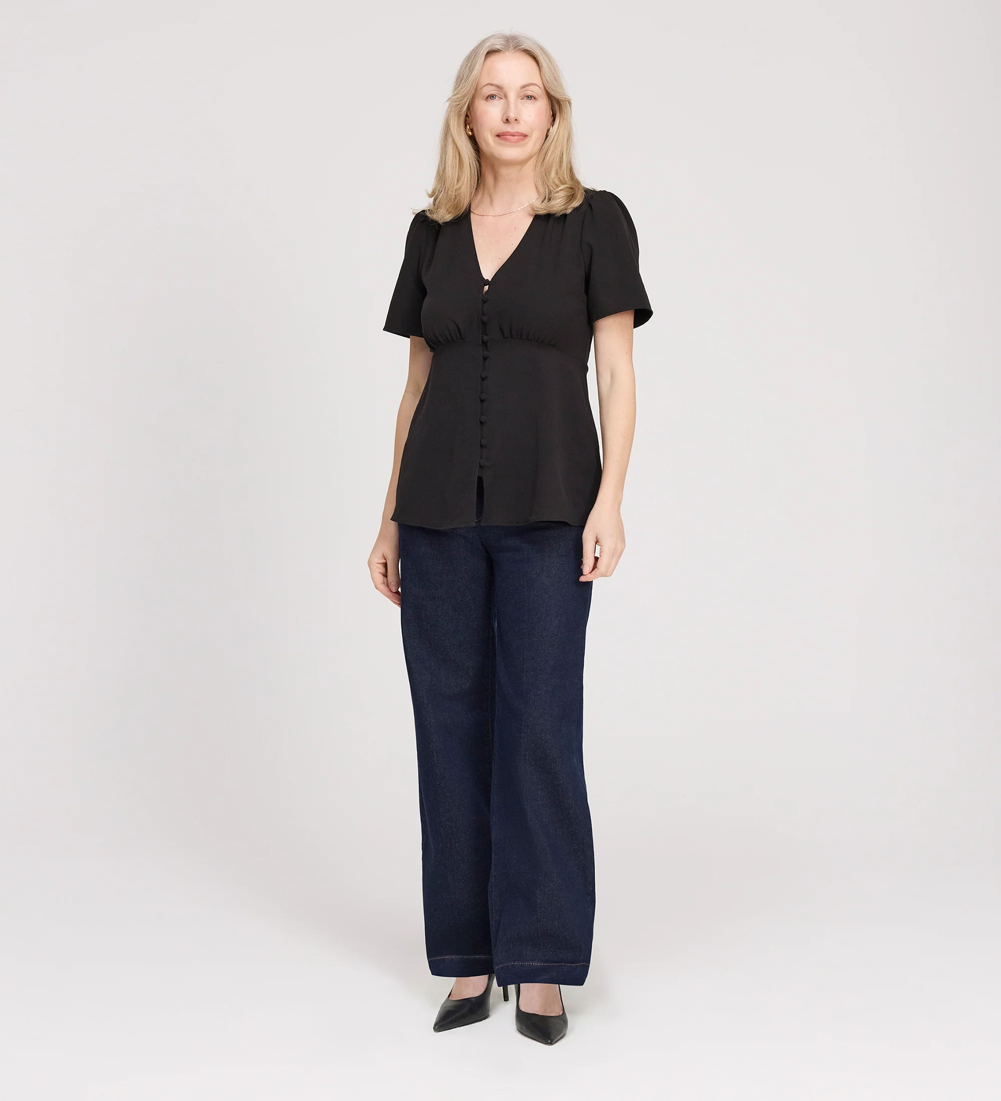 Maryam Black Button Up V-Neck Short Sleeve Top - Image 3