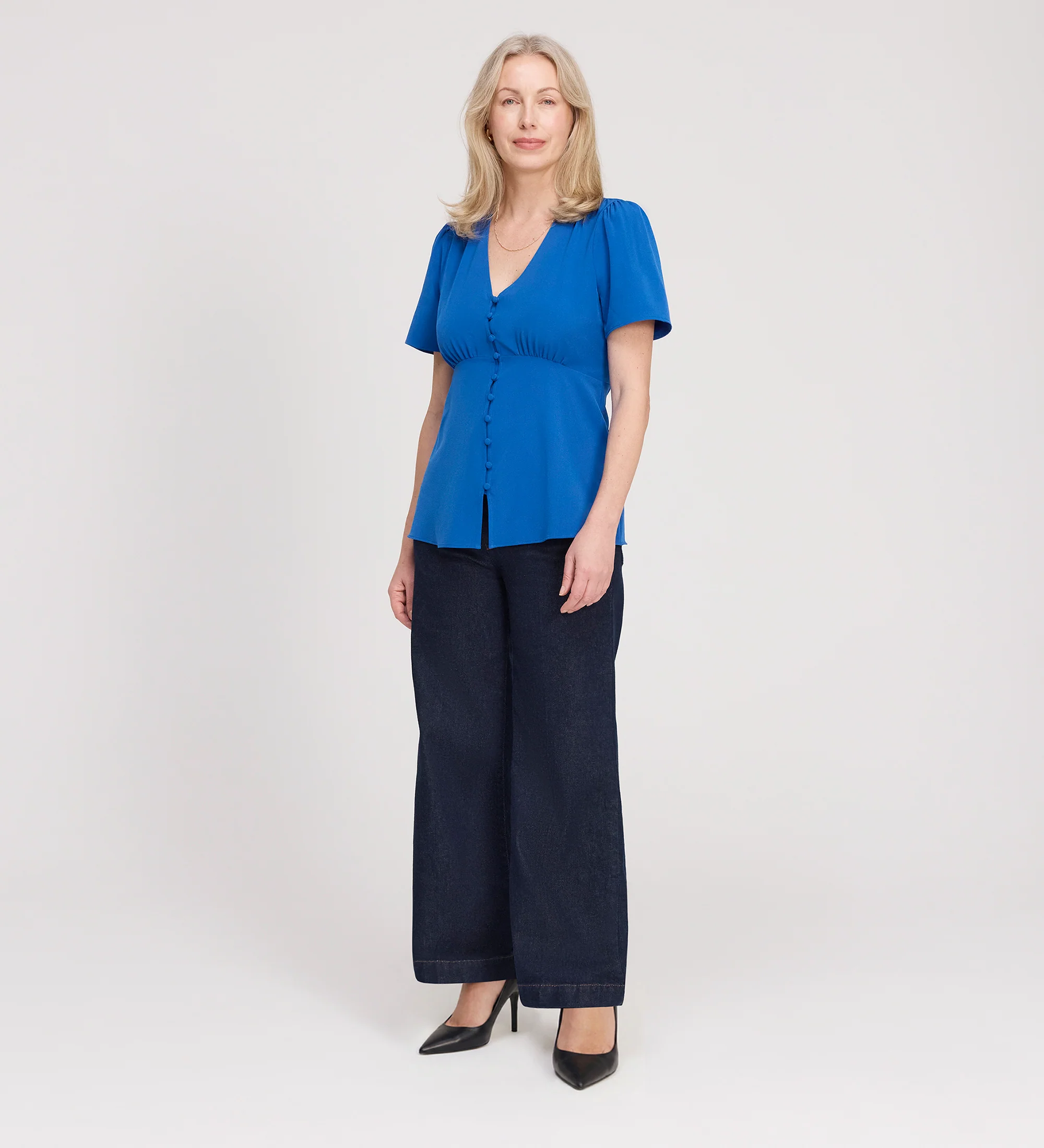 Maryam Cobalt Button Up V-Neck Short Sleeve Top - Image 3