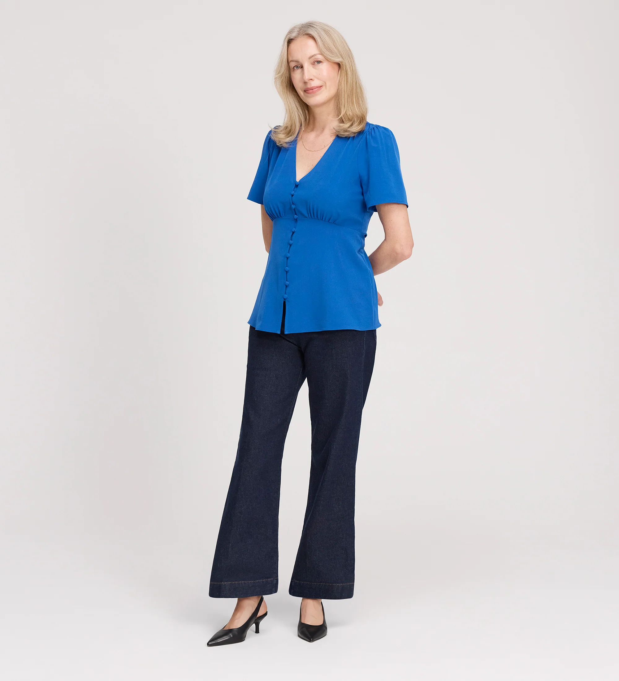 Maryam Cobalt Button Up V-Neck Short Sleeve Top - Image 4