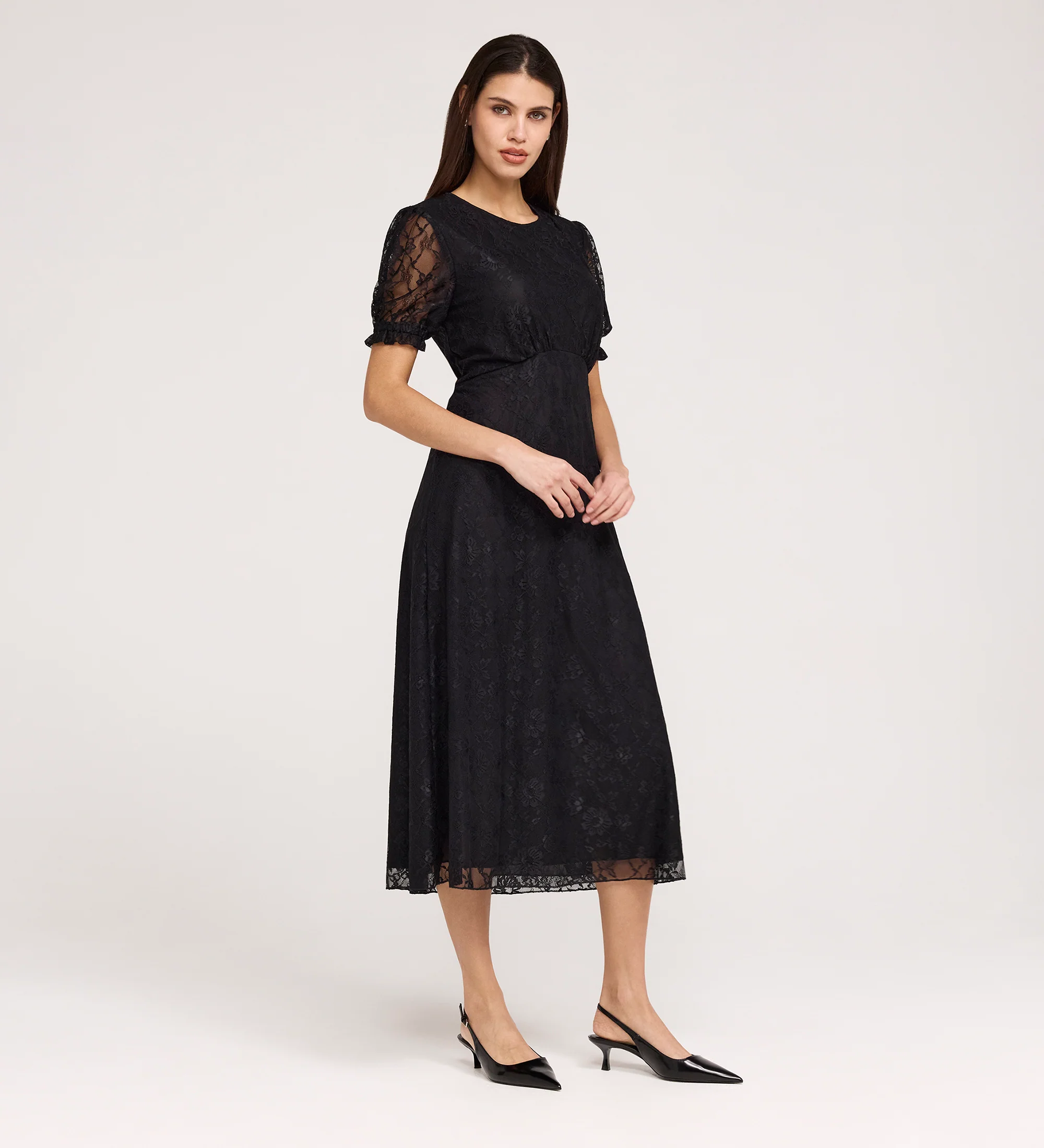 Mela Black Lace Round Neck Puff Sleeve Midi Tea Dress - Image 4