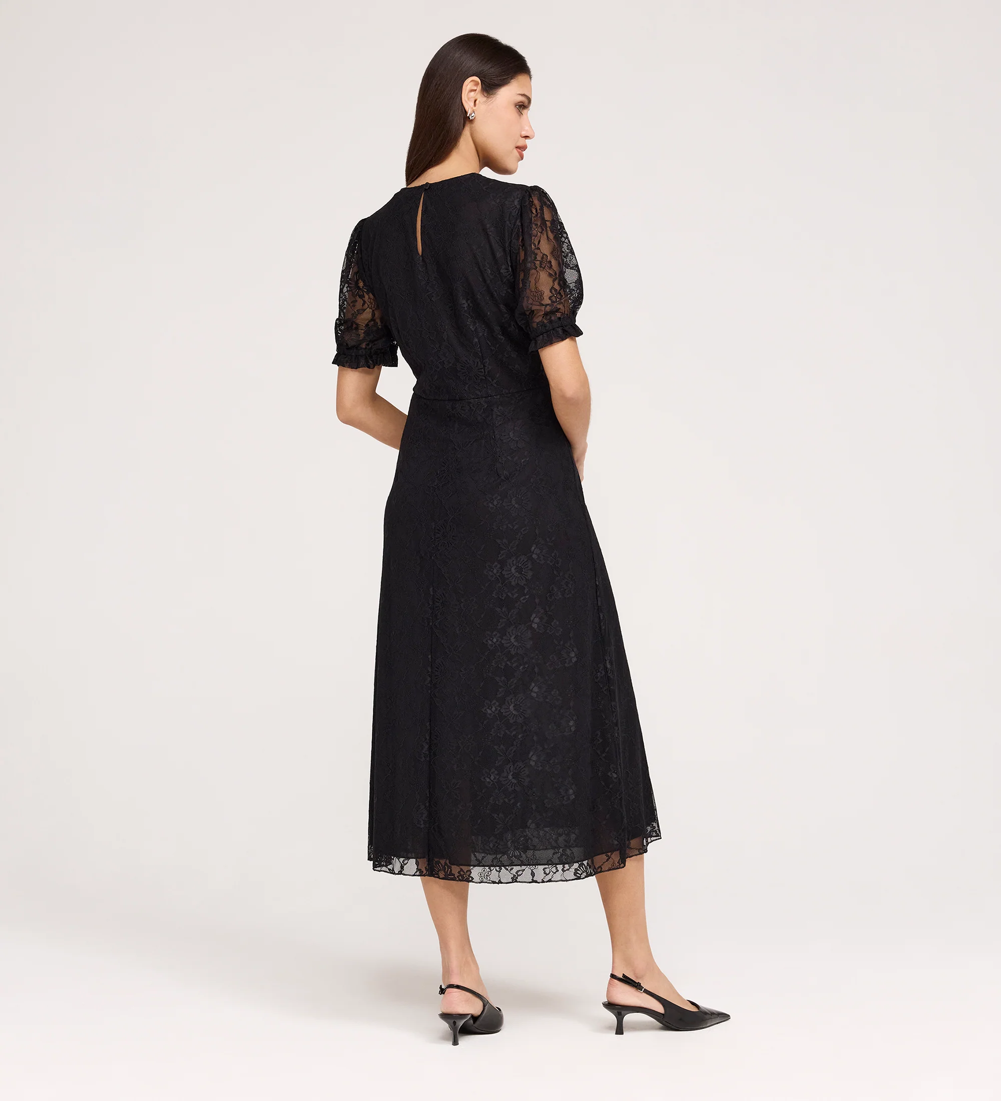 Mela Black Lace Round Neck Puff Sleeve Midi Tea Dress - Image 6