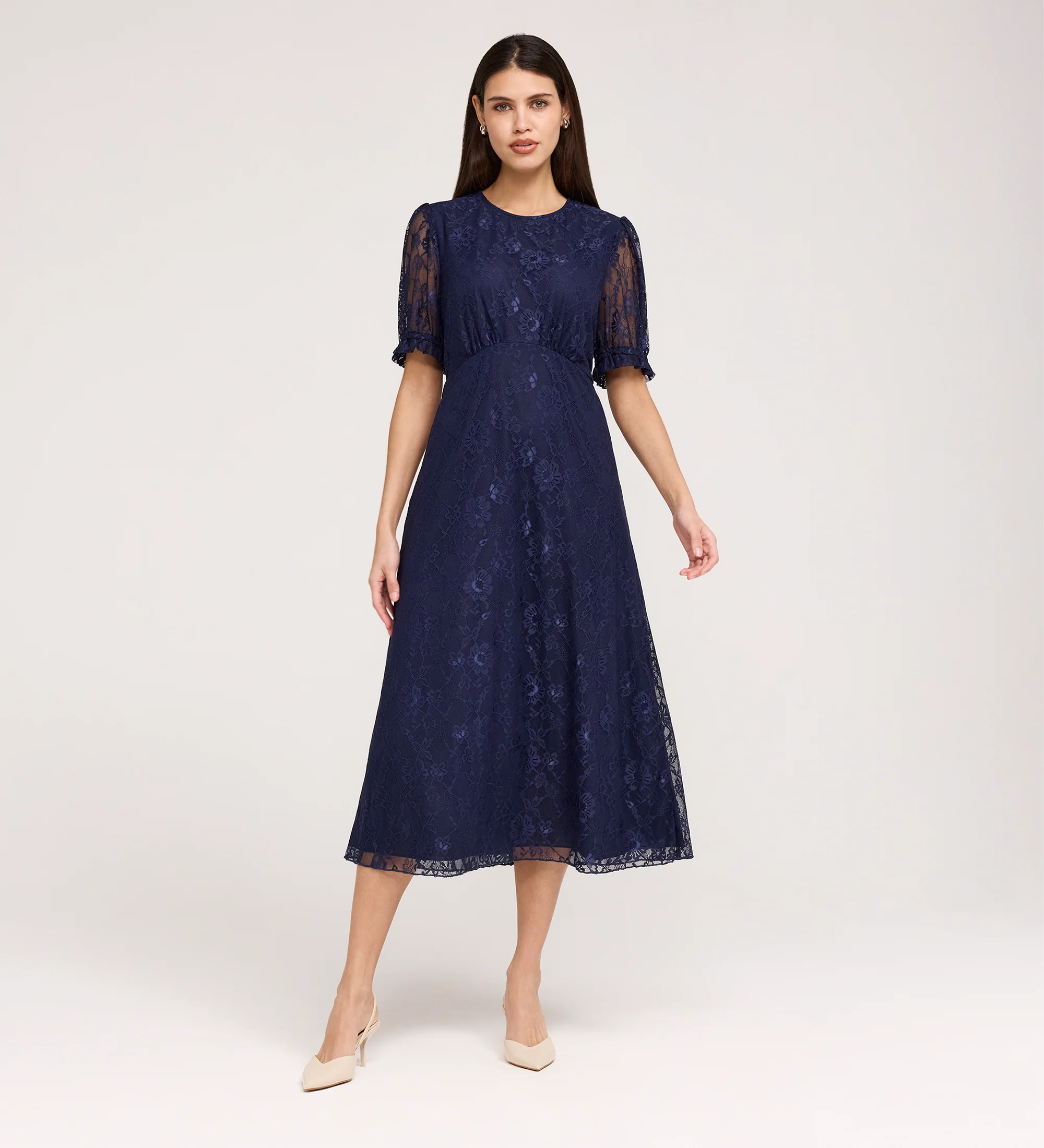 Mela Navy Lace Round Neck Puff Sleeve Midi Tea Dress - Image 6