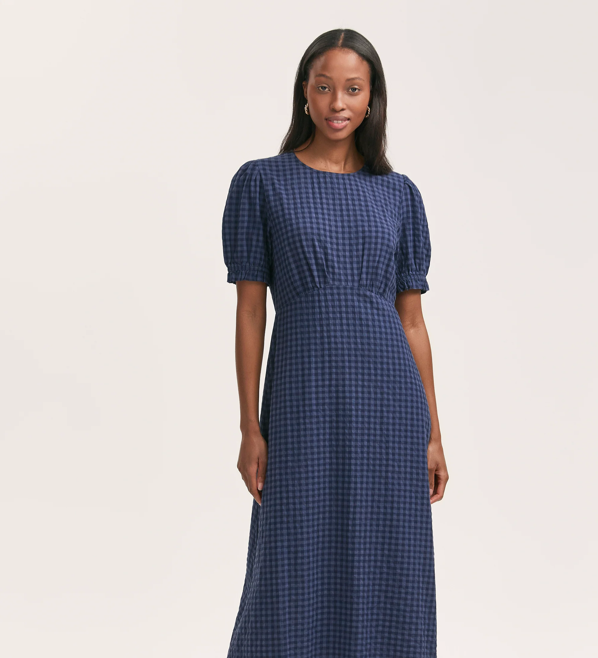 Mela Navy Gingham Seersucker Midi Dress - Image 3