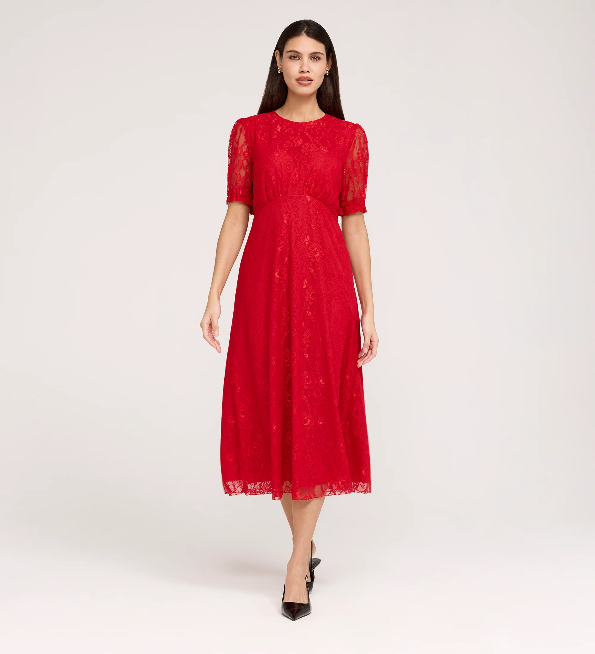 Mela Red Lace Round Neck Puff Sleeve Midi Tea Dress - Image 4