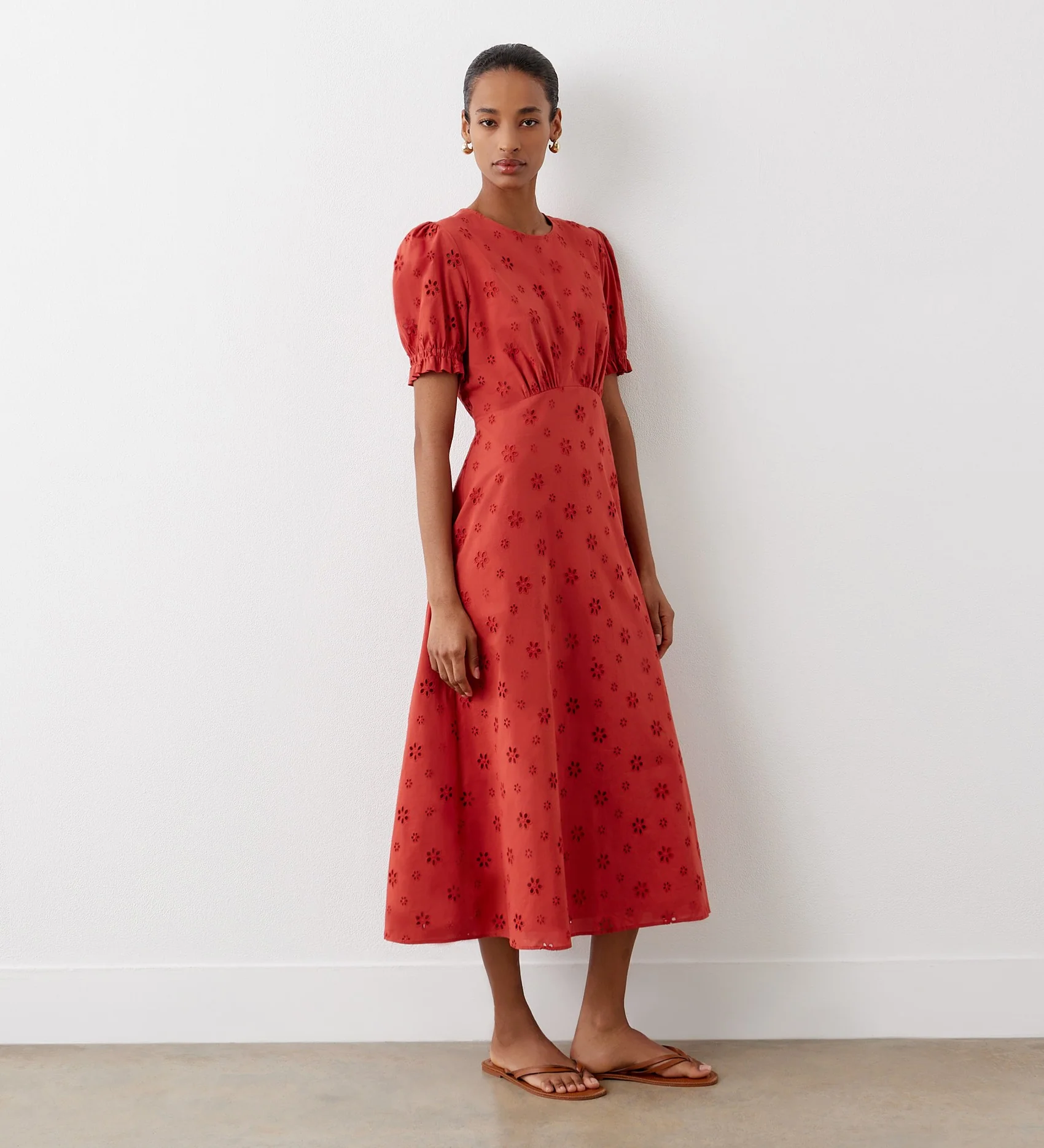 Mela Rust Broderie Anglaise Cotton Midi Dress - Image 3