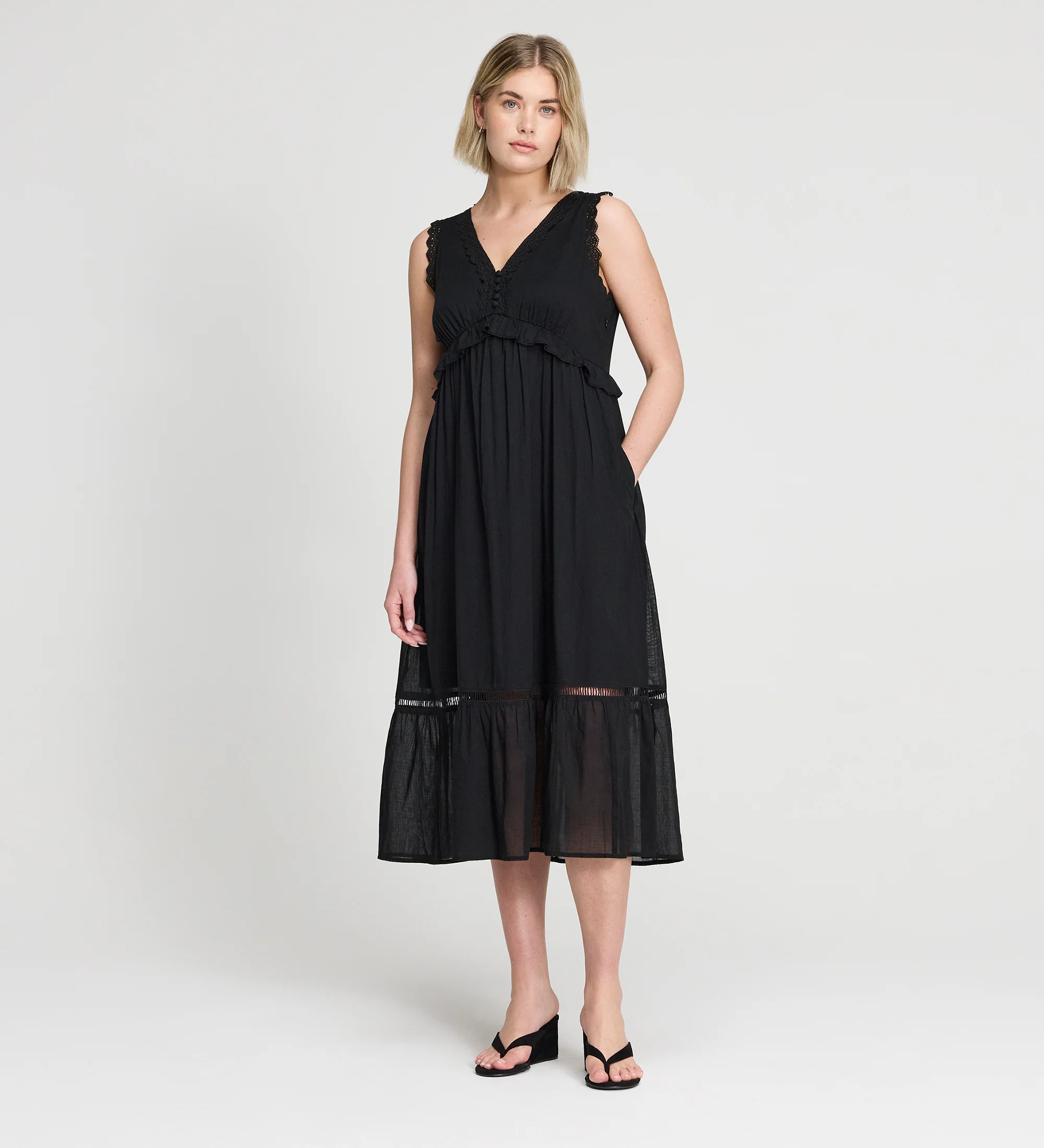 Myriam Black Lace Sleeveless Tiered Cotton Midi Dress - Image 5