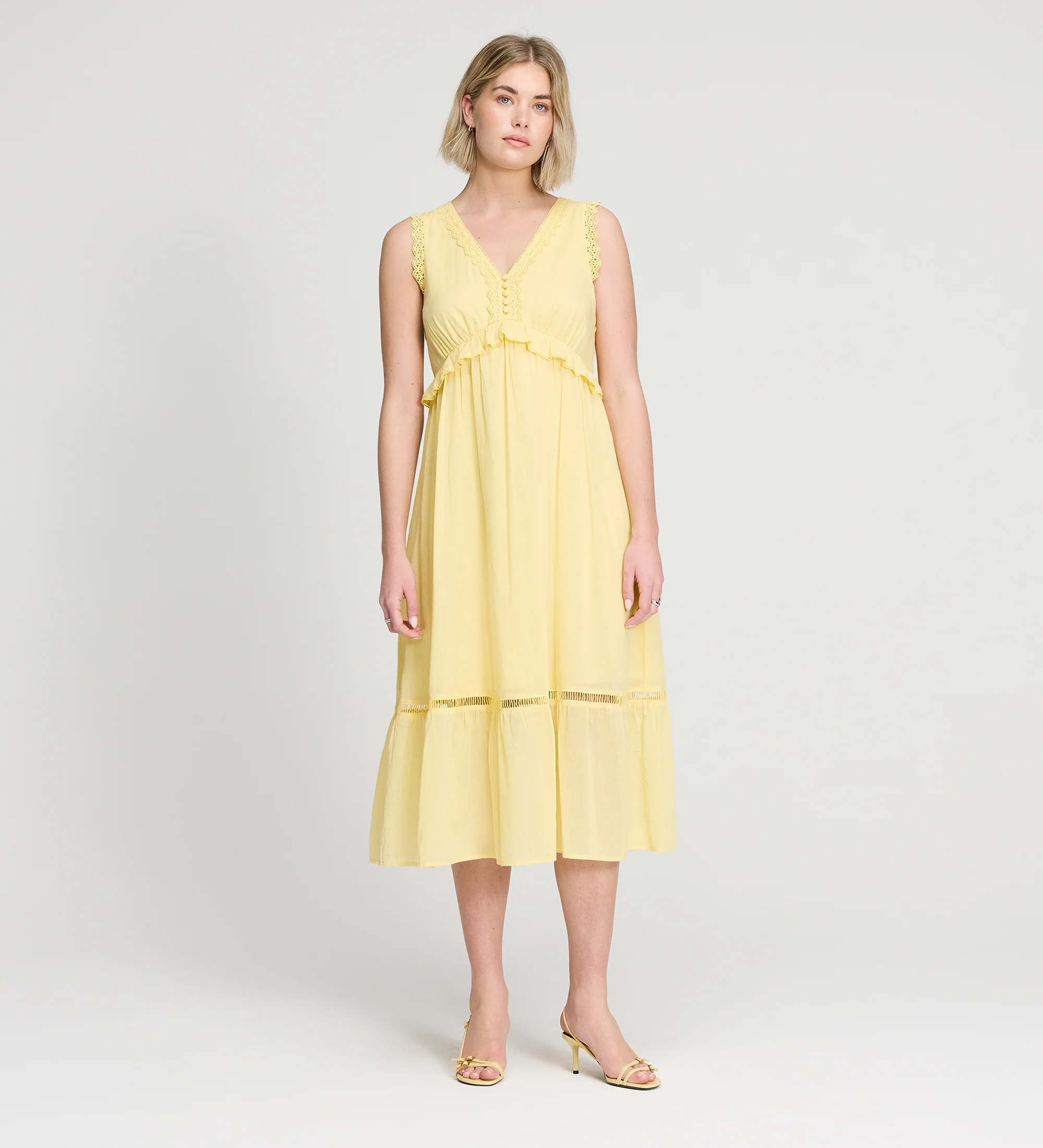 Myriam Yellow Lace Sleeveless Tiered Cotton Midi Dress - Image 6