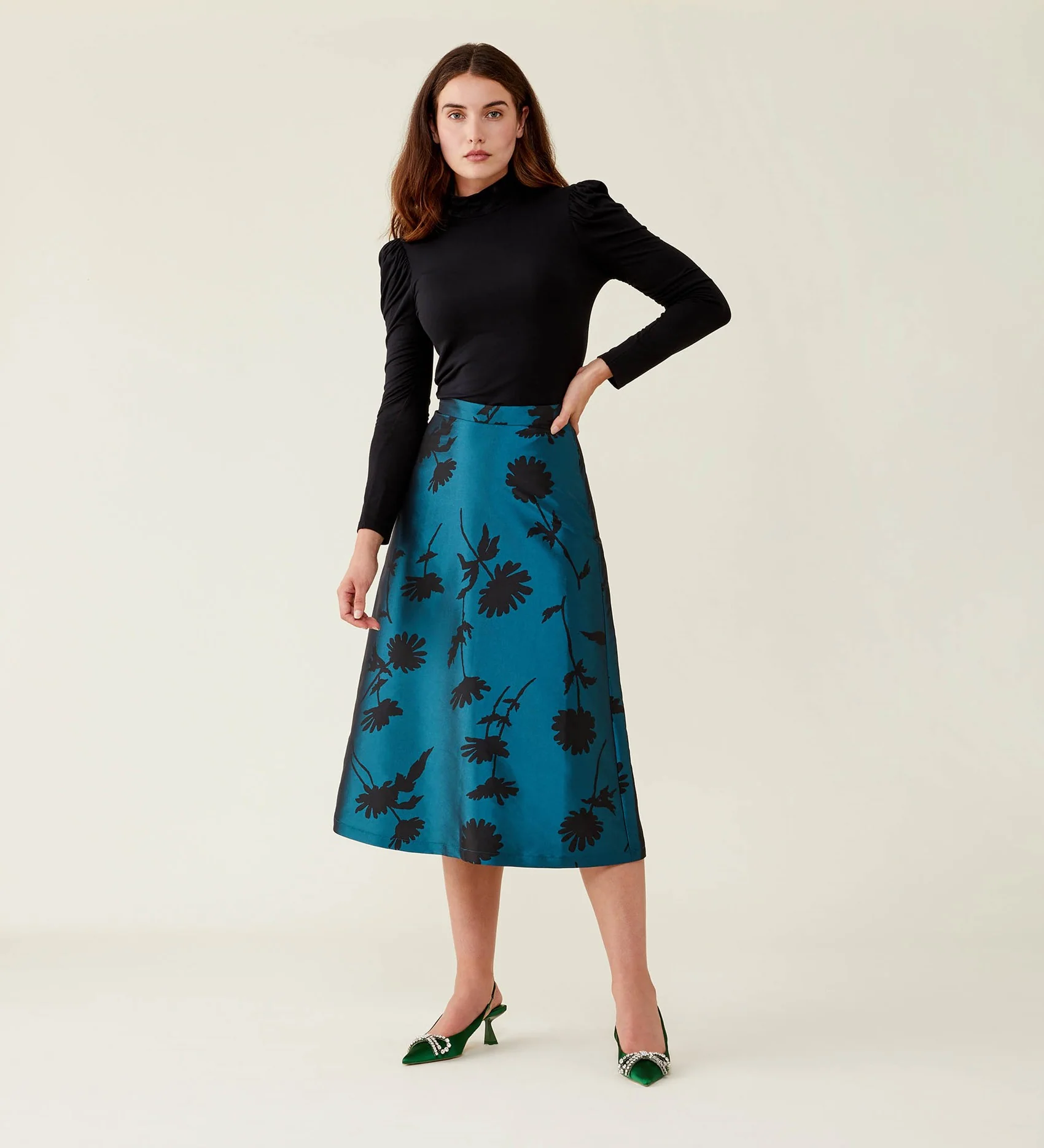Naia Taffeta Teal Floral Skirt - Image 4