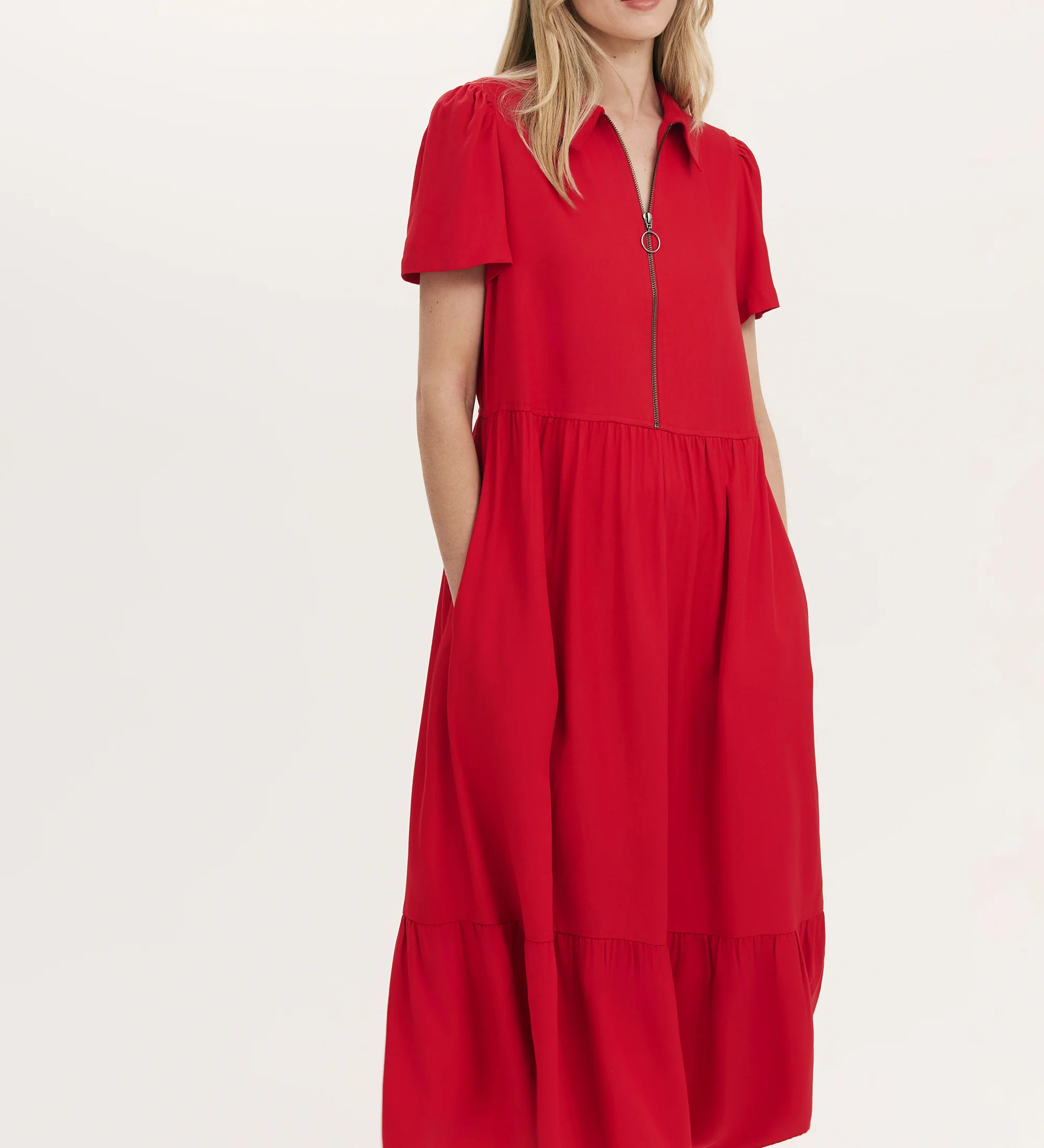Orion Red Zip Front Midi Shirt Dress - Image 3