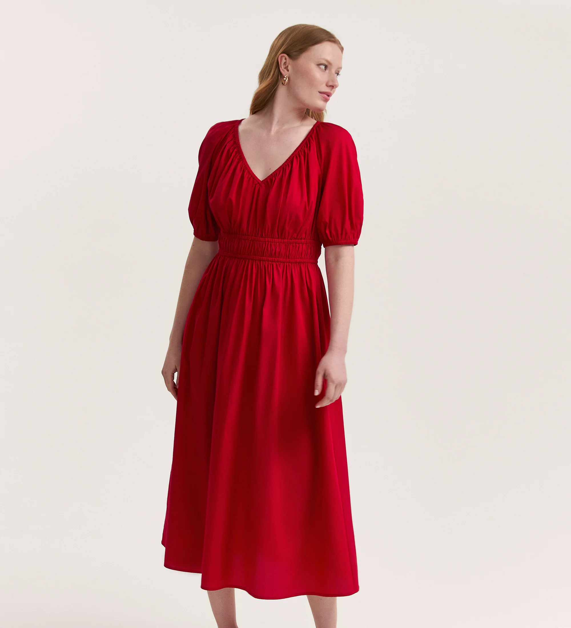 Piper Red Cotton Midi Smock Dress - Image 3