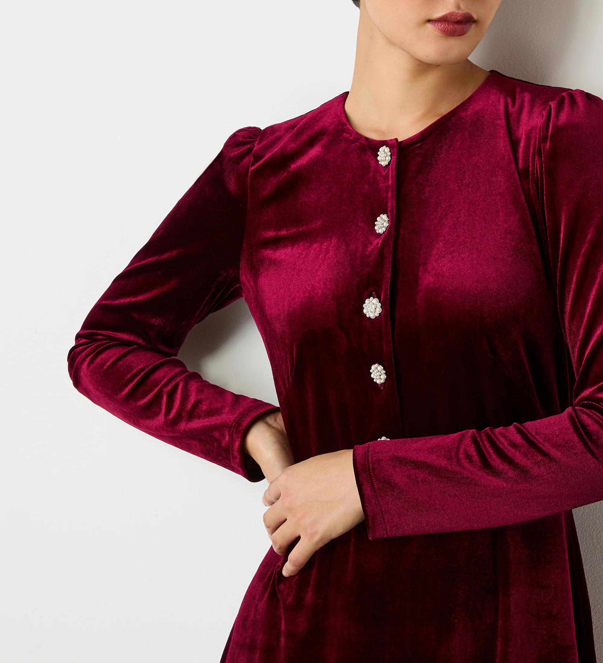 Rae Burgundy Velvet Knee Length Dress - Image 3