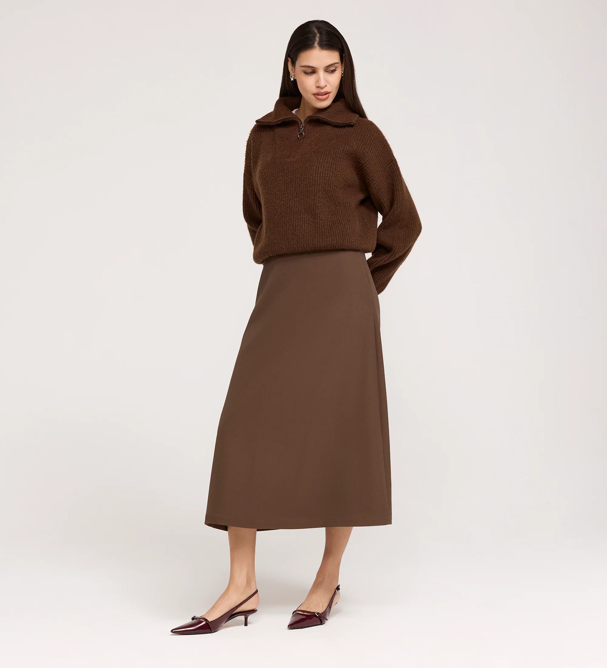 Ramona Mushroom Gaberdine Twill Midi Skirt - Image 3