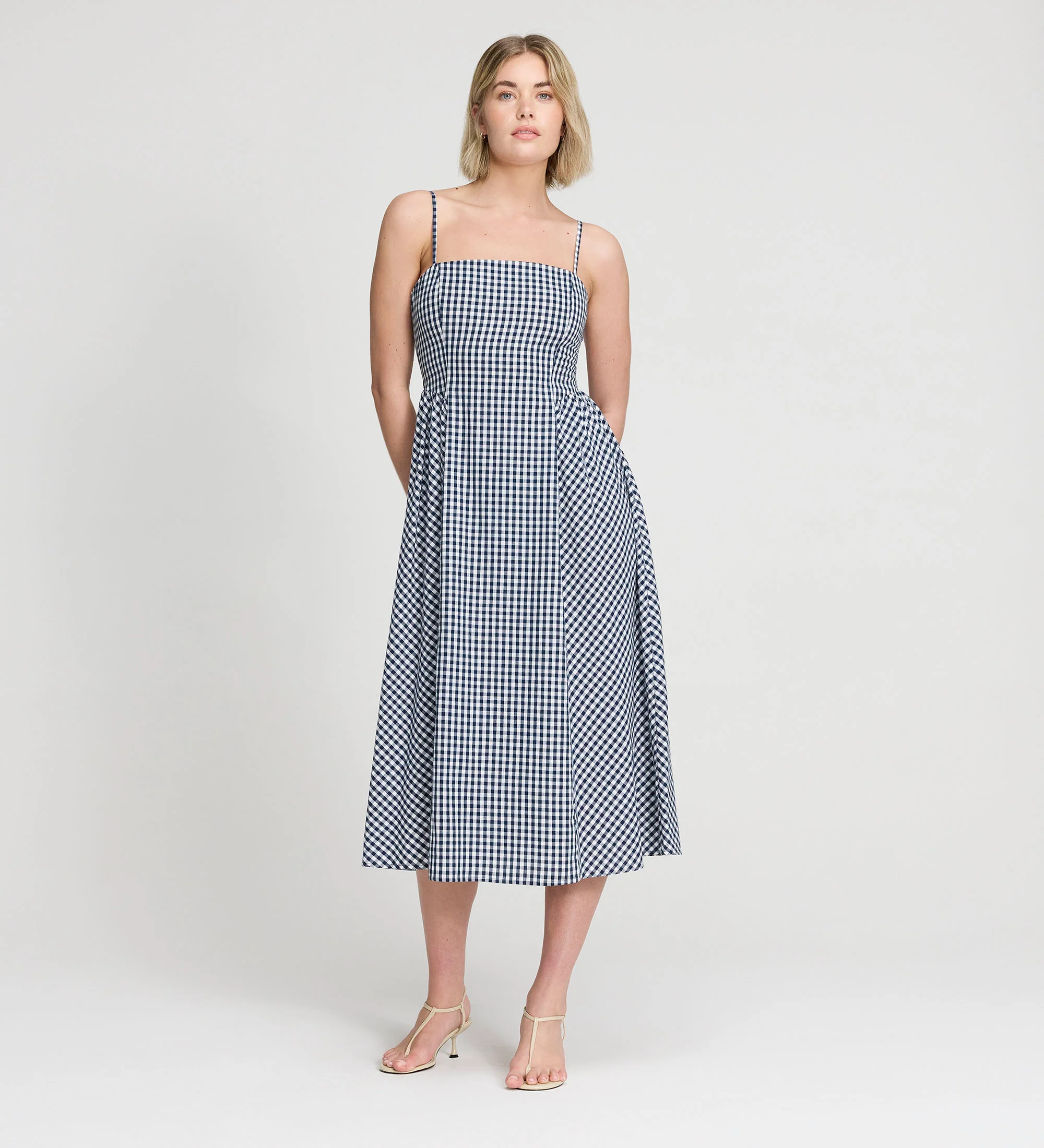 Romina Navy Cotton Gingham Fitted Midi Dress - Image 8