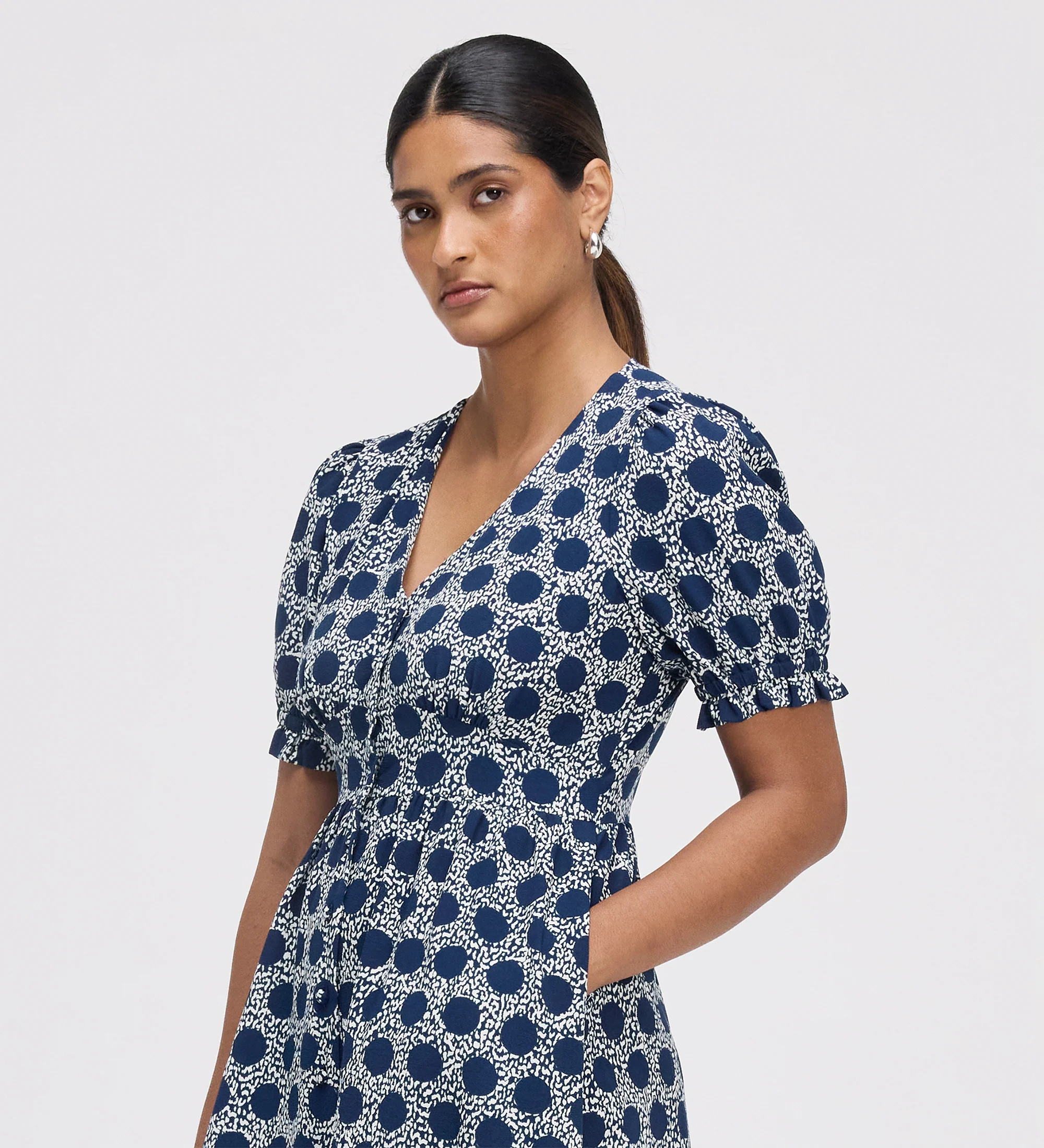 Samantha Navy Polka Dot Button Through Midi Dress - Image 2