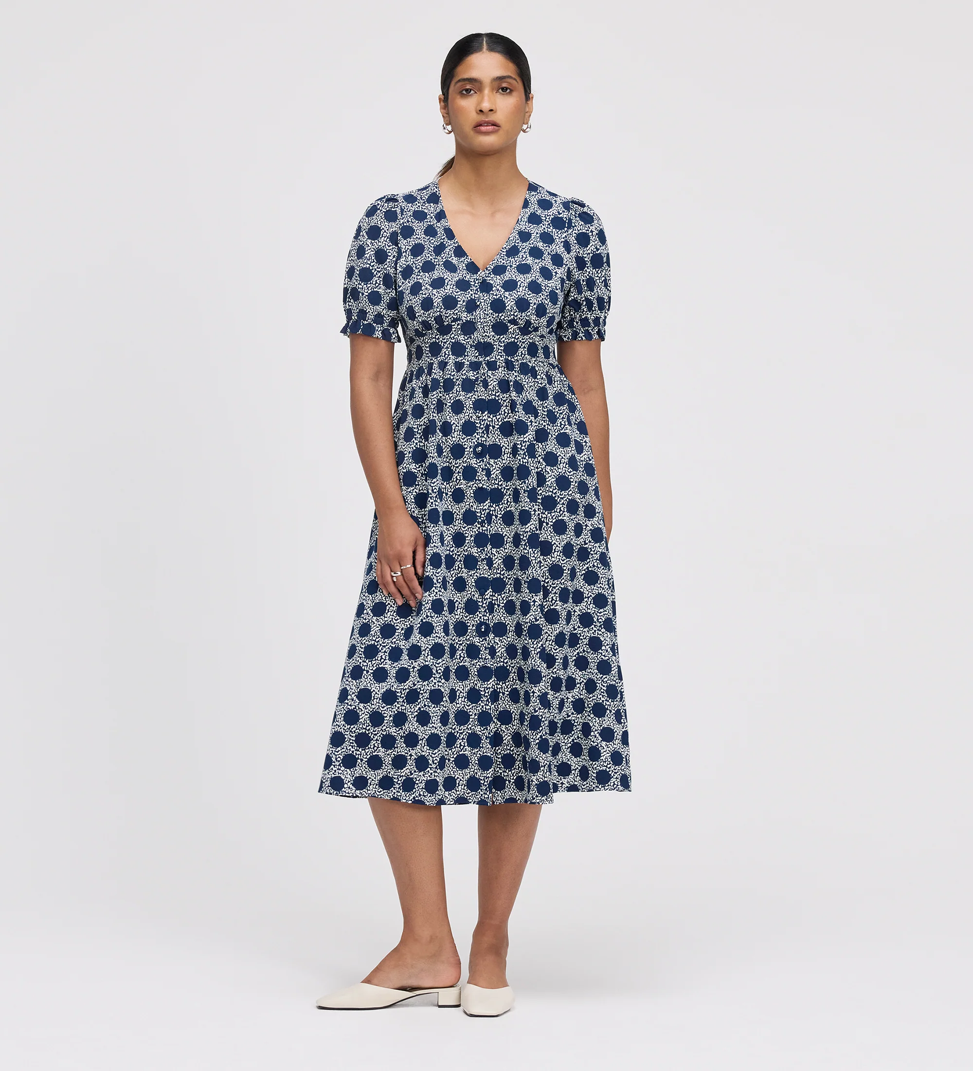 Samantha Navy Polka Dot Button Through Midi Dress - Image 4