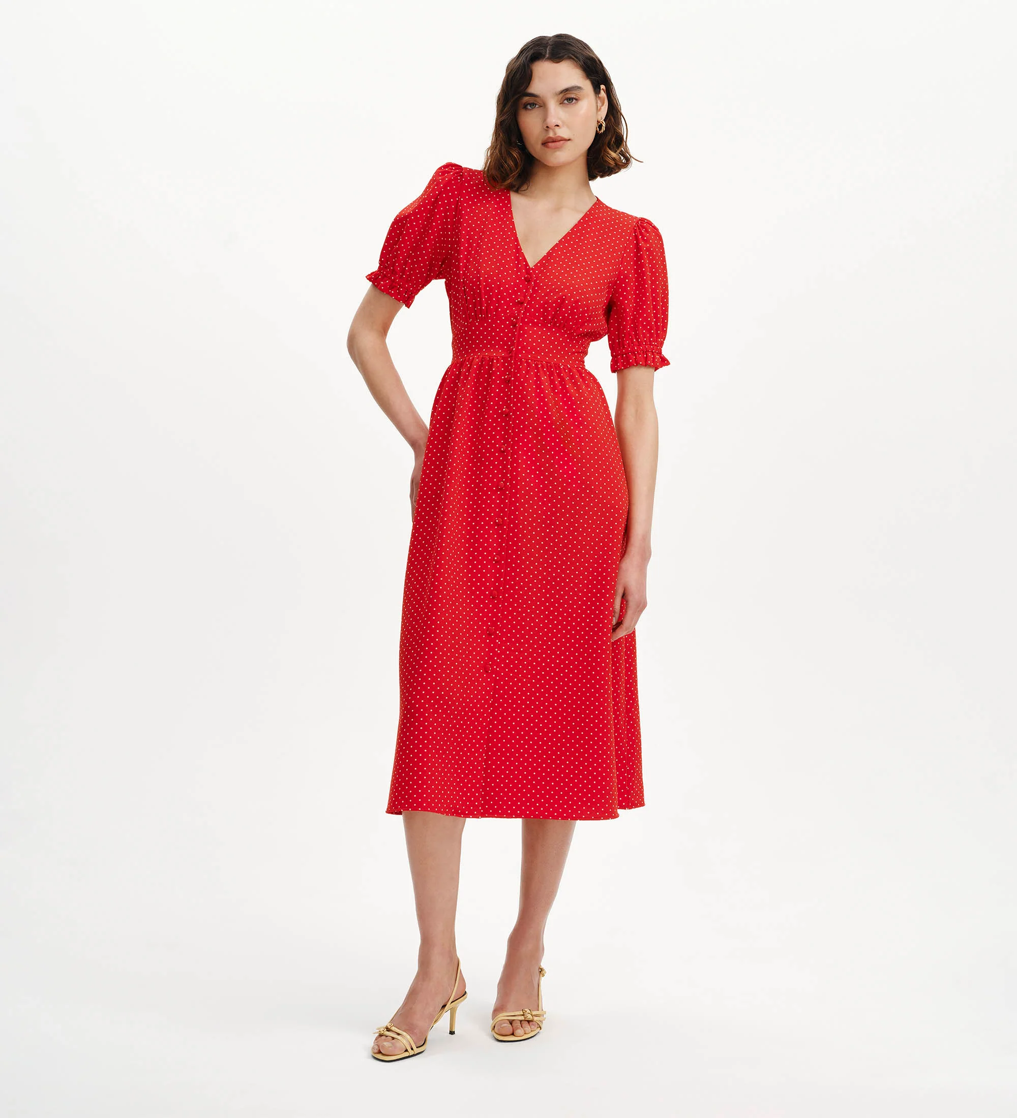 Samantha Red Polka Dot Button Through Midi Dress - Image 3
