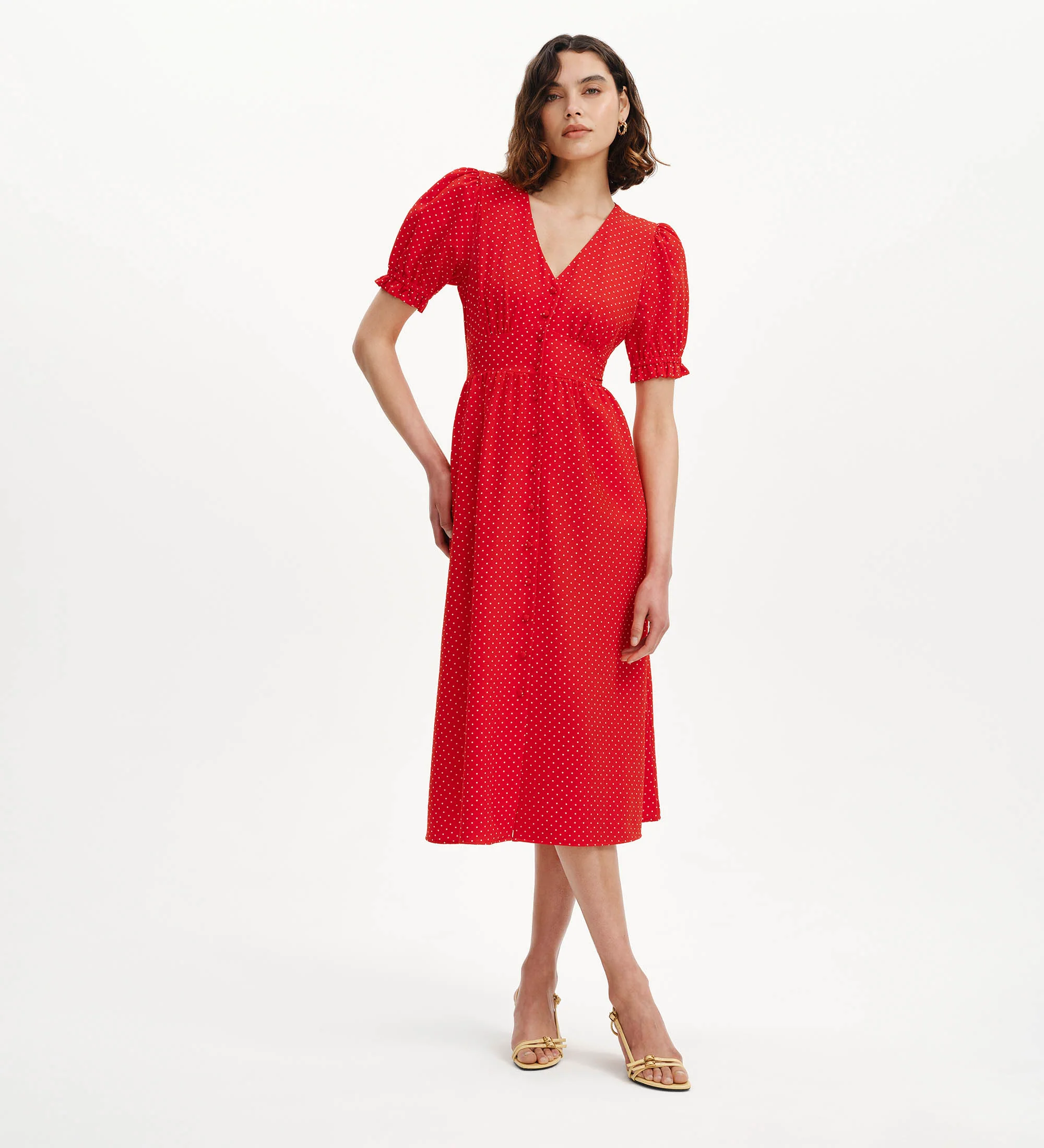 Samantha Red Polka Dot Button Through Midi Dress - Image 5