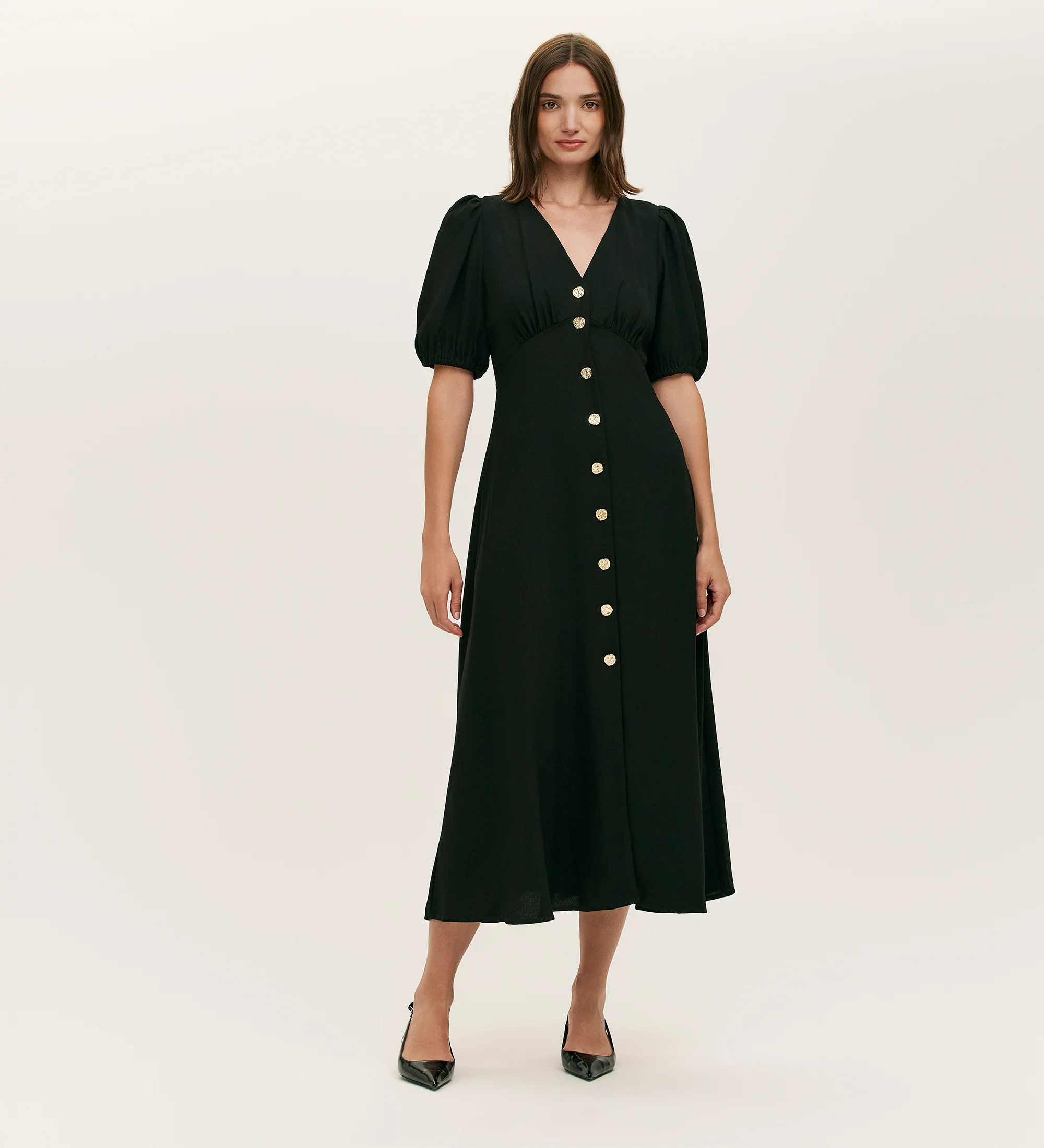Sarah Black Crepe Button Through Midi Tea Dress - Image 3