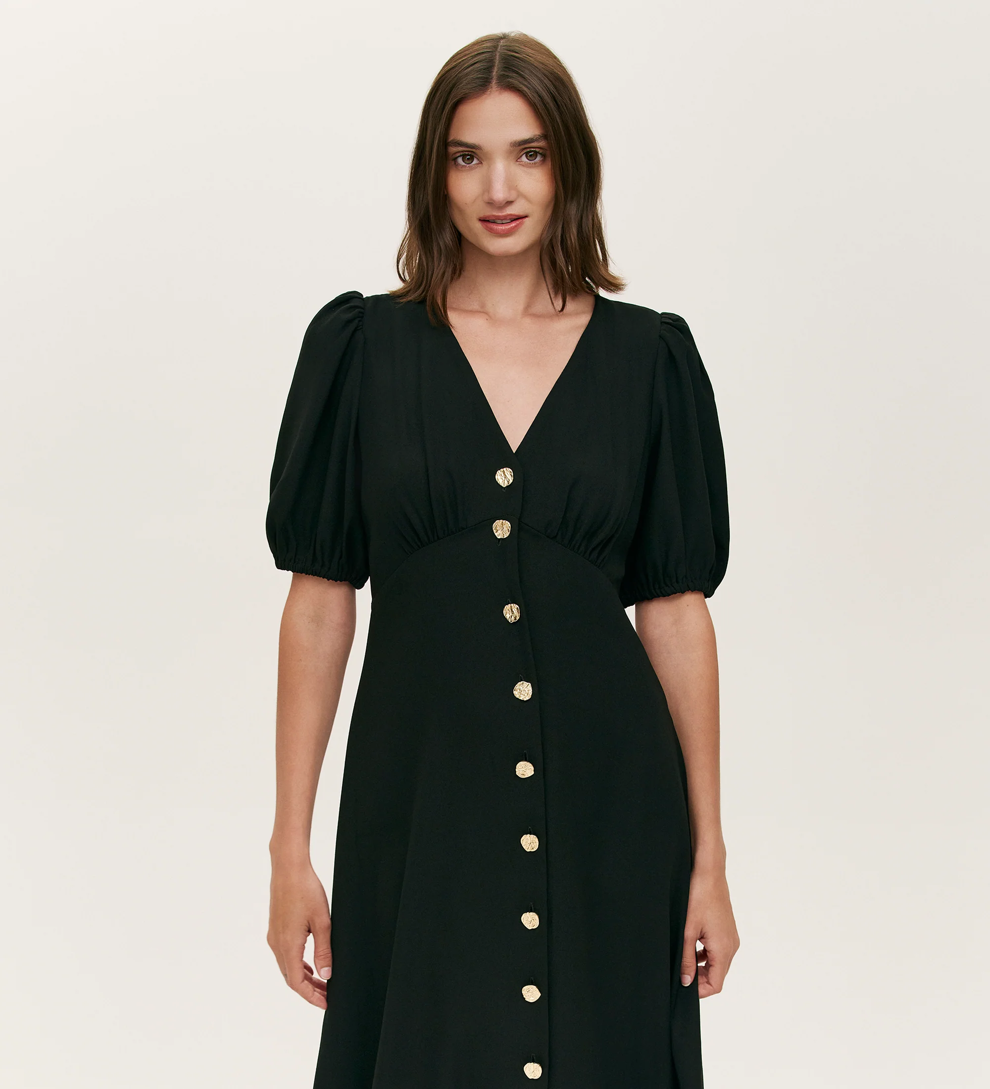 Sarah Black Crepe Button Through Midi Tea Dress - Image 4