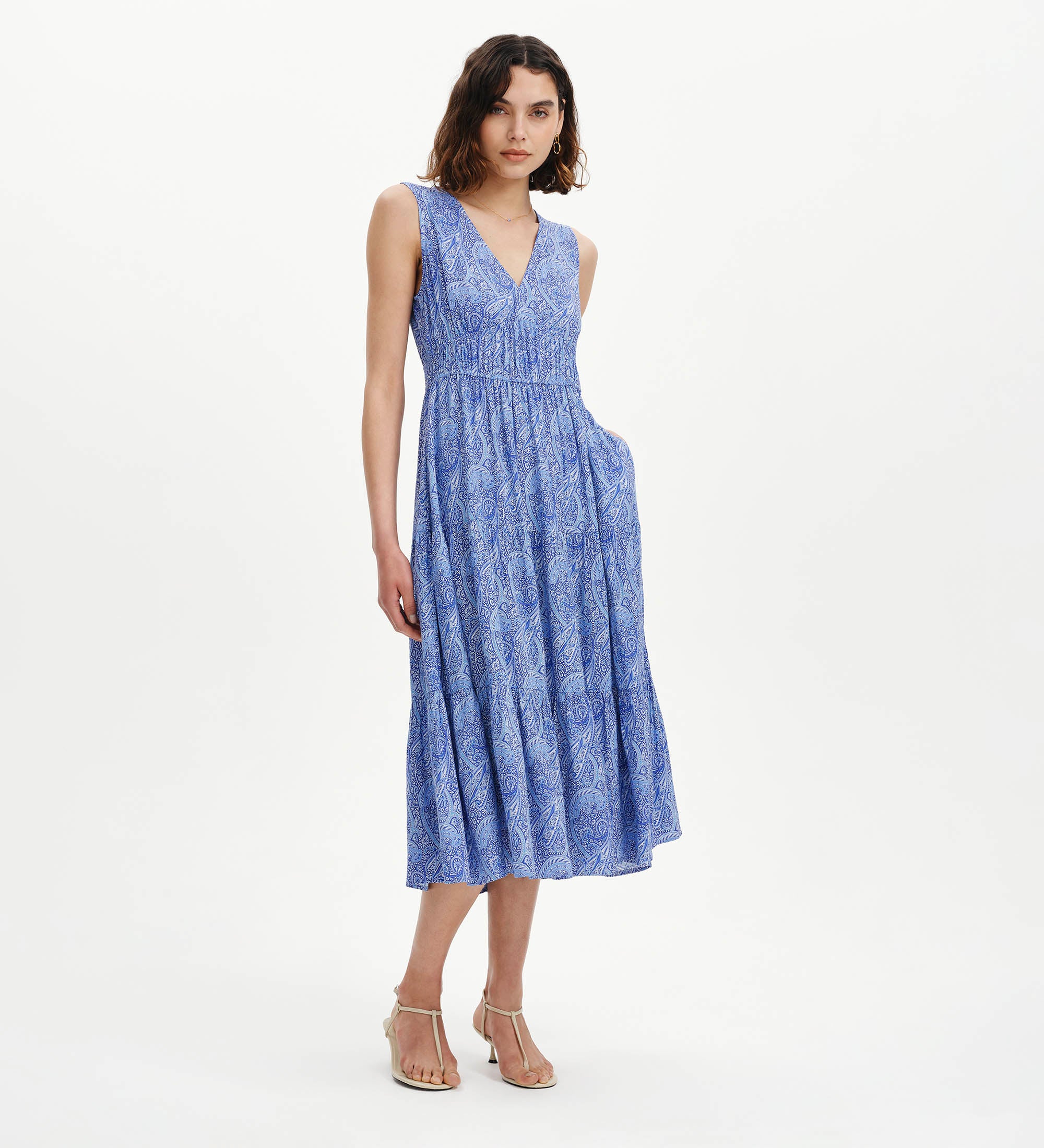 Stacey Blue Paisley Sleeveless Tiered Midi Dress - Image 3