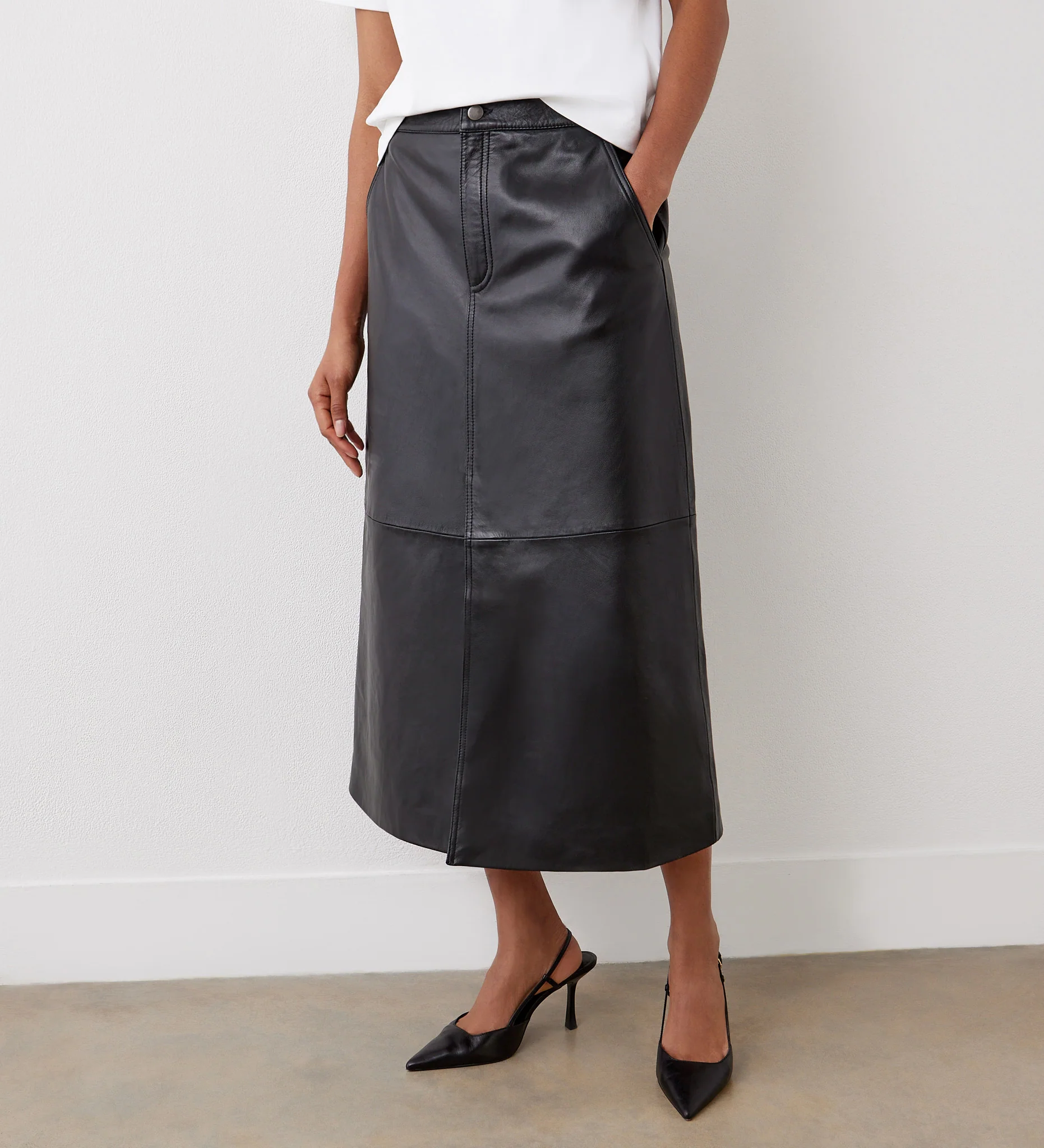 Sylvia Black High Waisted Leather Midi Skirt - Image 2