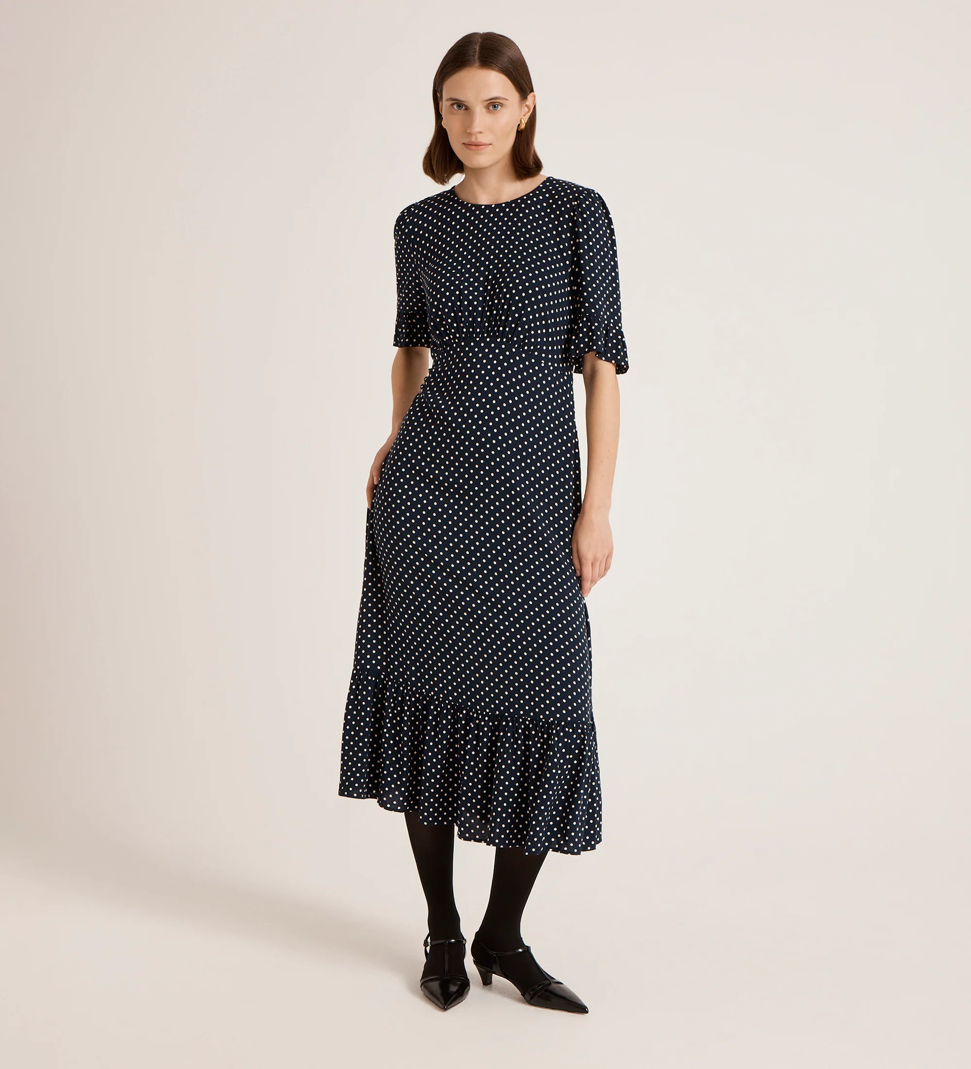 Sylvie Navy Spot Midi Tea Dress - Image 4
