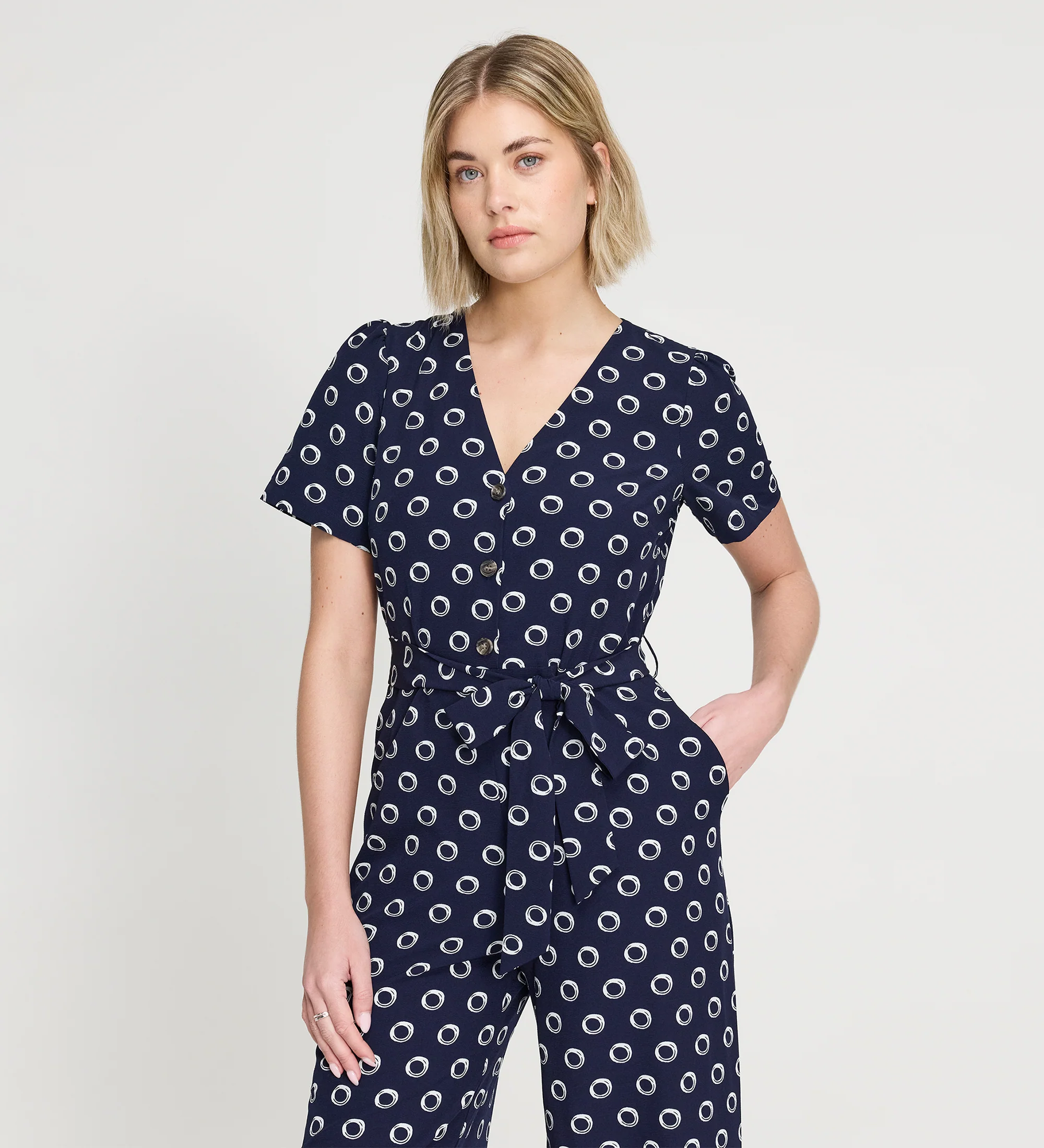 Uma Navy Polka Dot Belted Wide Leg Jumpsuit - Image 5